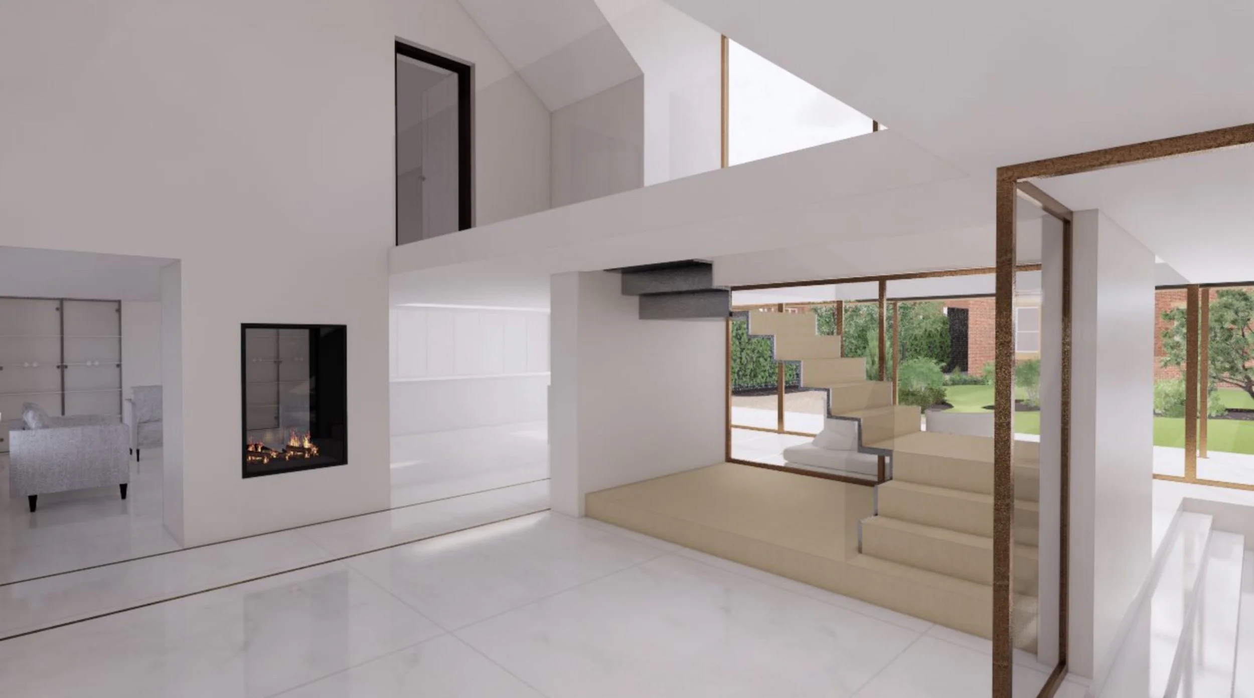 Modern interior of a house with white walls, a staircase, large windows, and a view of a garden outside.