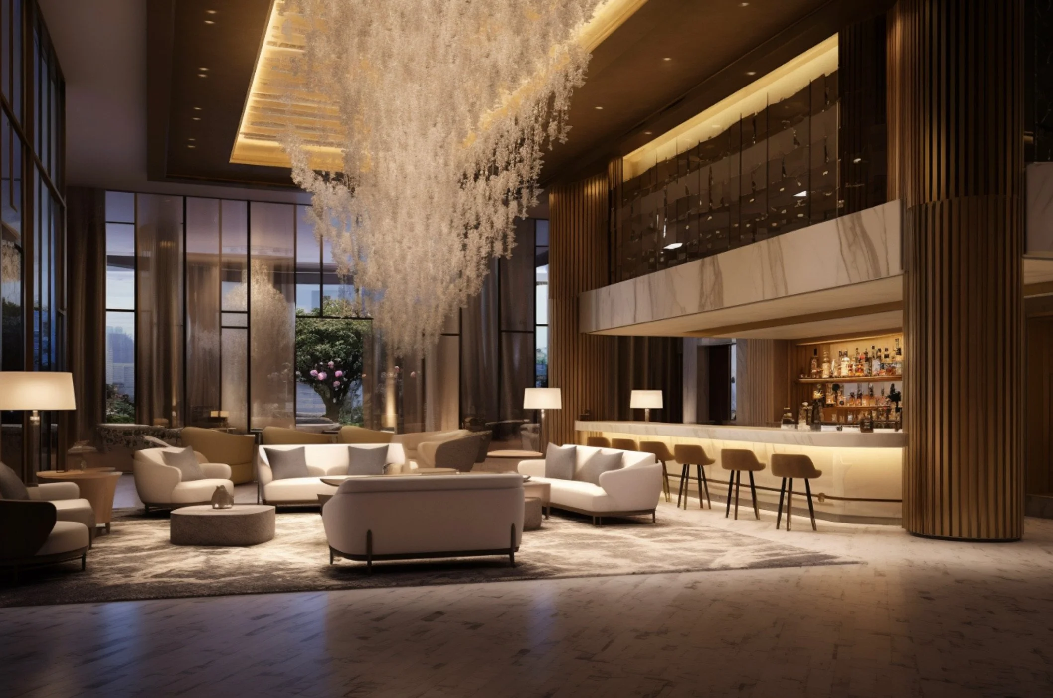 Luxurious hotel lobby with modern furniture, large windows, and a decorative chandelier hanging from the ceiling.