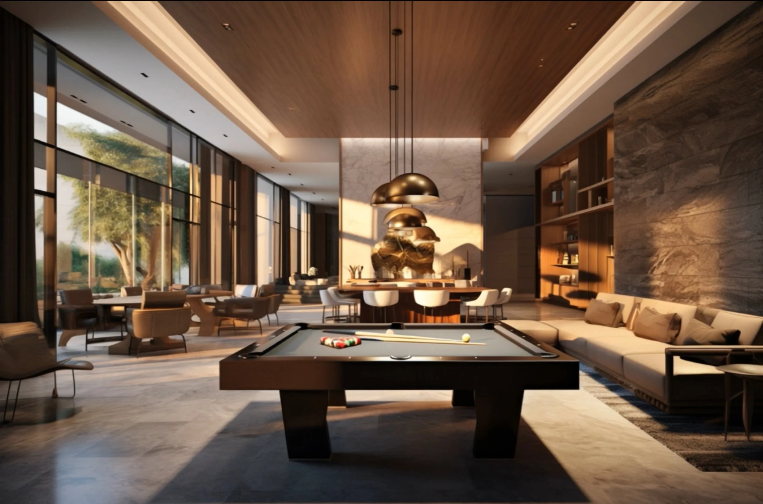 Modern lounge area with a pool table in the center, surrounded by chairs, a sofa, large floor-to-ceiling windows, and decorative lighting.