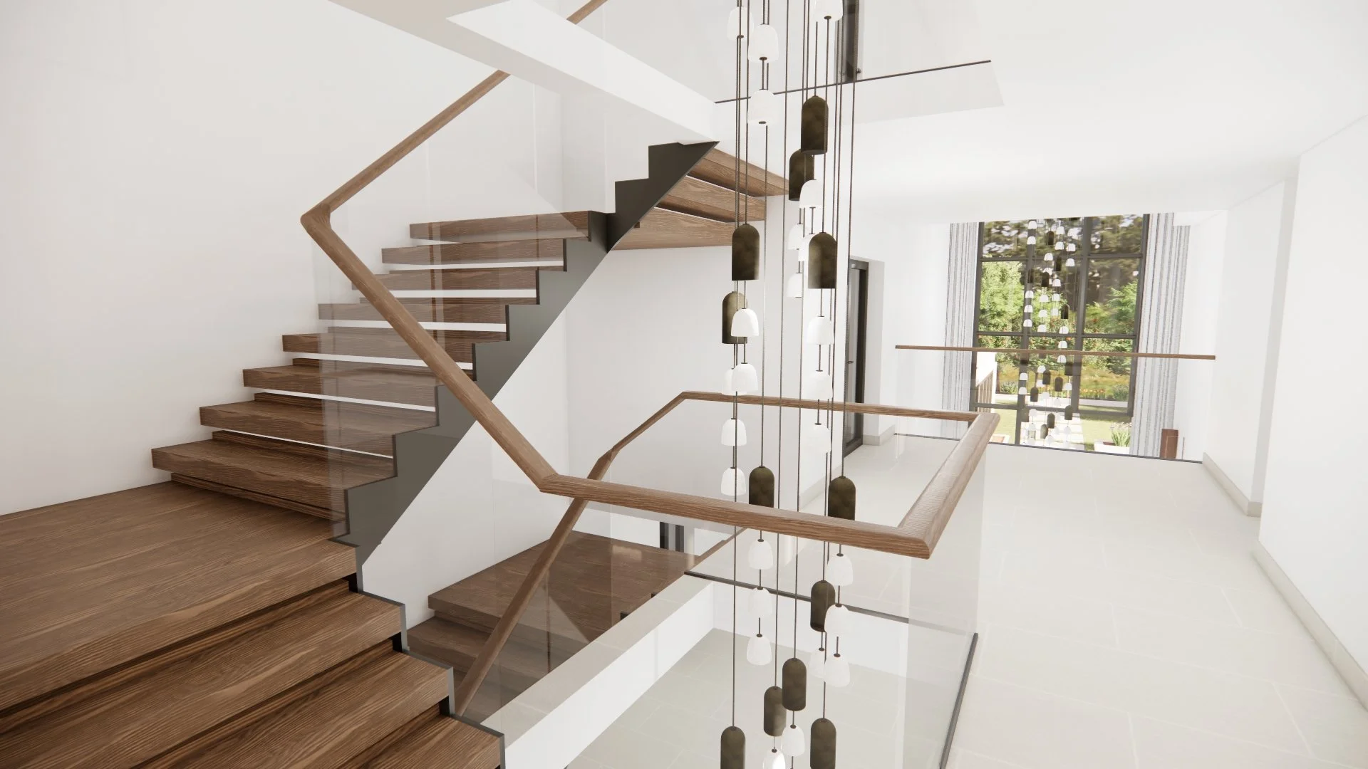 Interior view of a modern staircase with wooden steps, glass railing, and a multi-pendant hanging light fixture in a bright, spacious room with large windows and white walls.