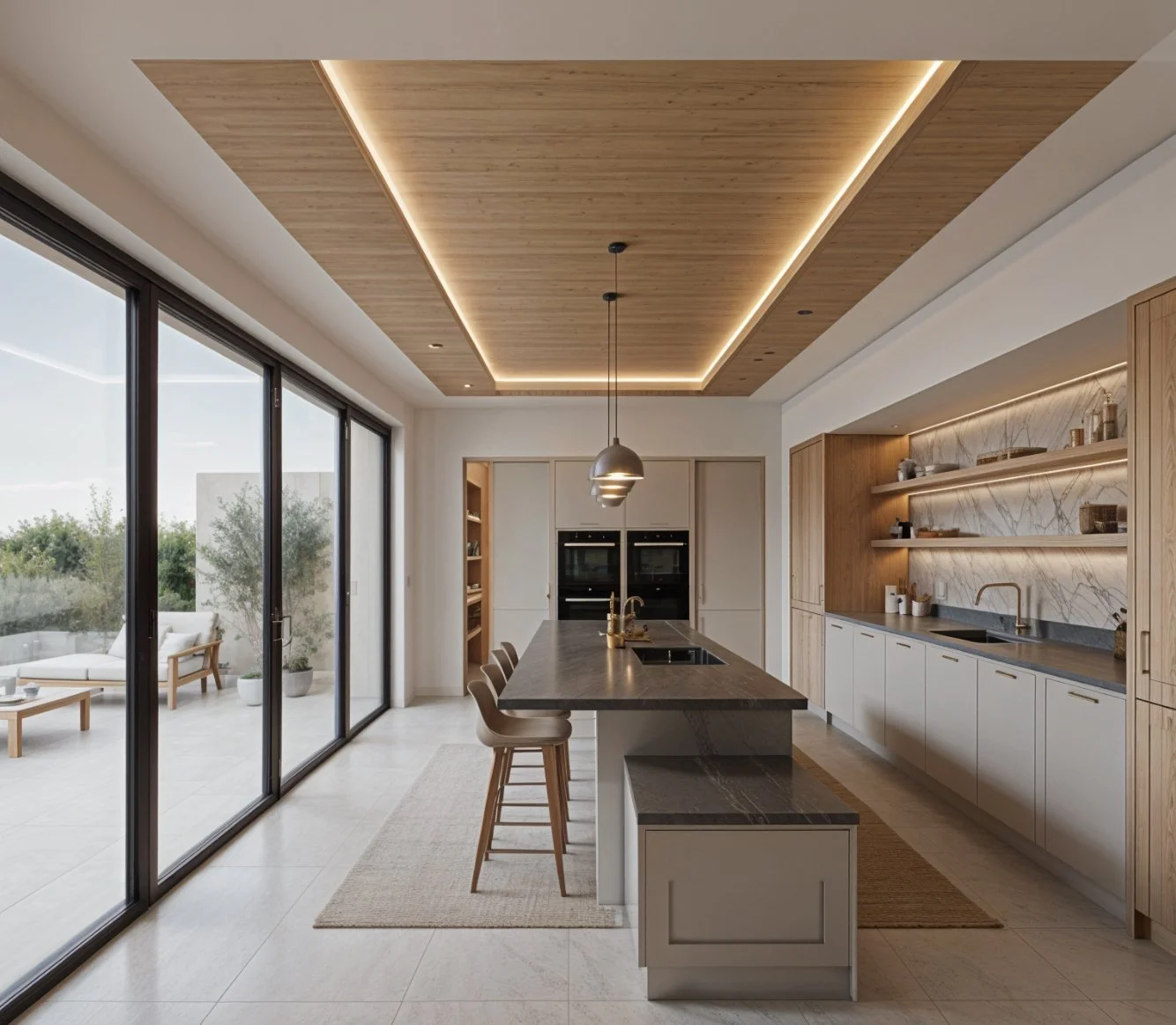 Modern kitchen with island, gray countertop, wooden cabinets, open shelves, marble backsplash, and large glass sliding doors leading to outdoor patio.