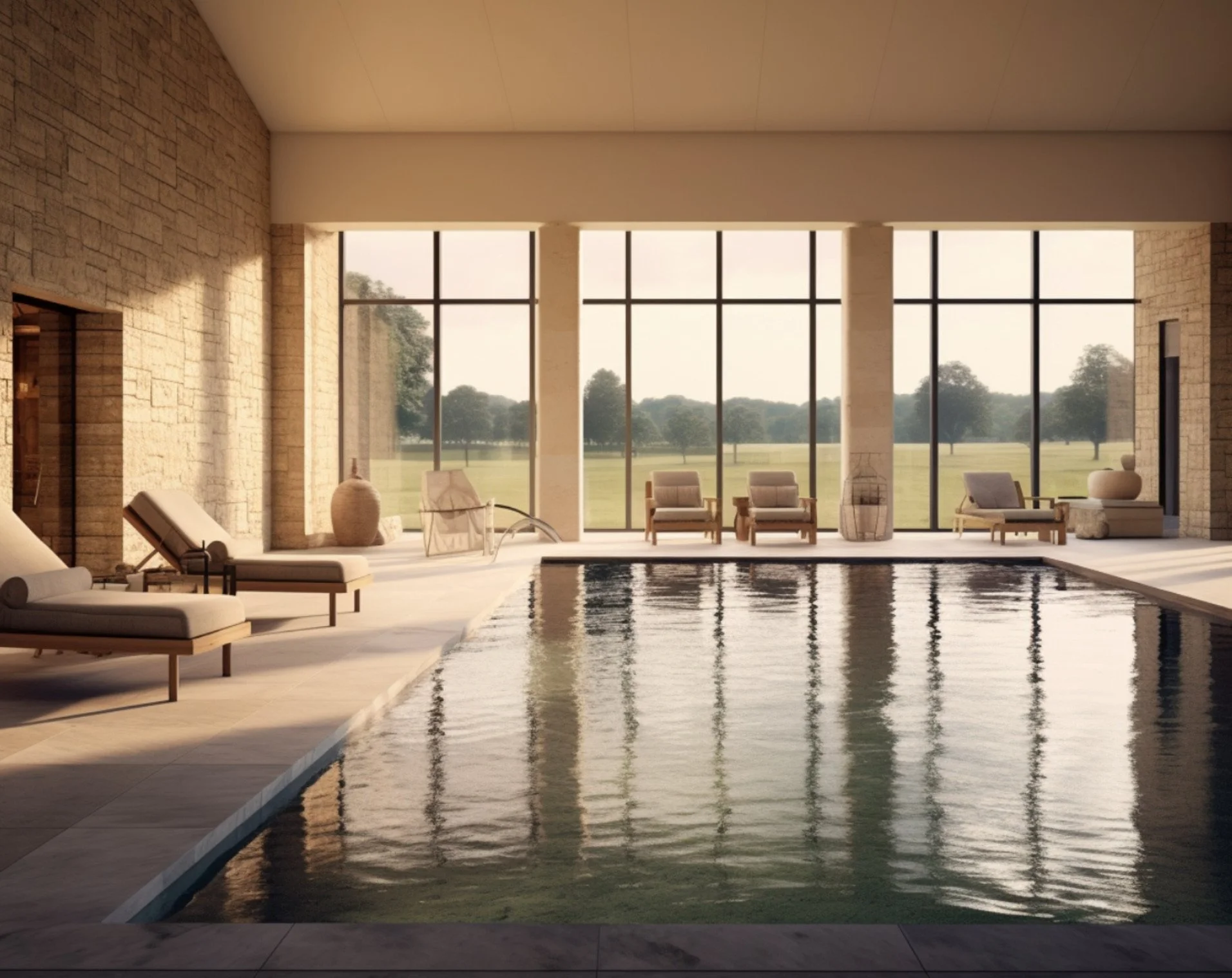 Indoor swimming pool area with large floor-to-ceiling windows overlooking a green field and trees outside. Lounge chairs are positioned along the sides of the pool, with decorative pottery and natural stone walls inside.