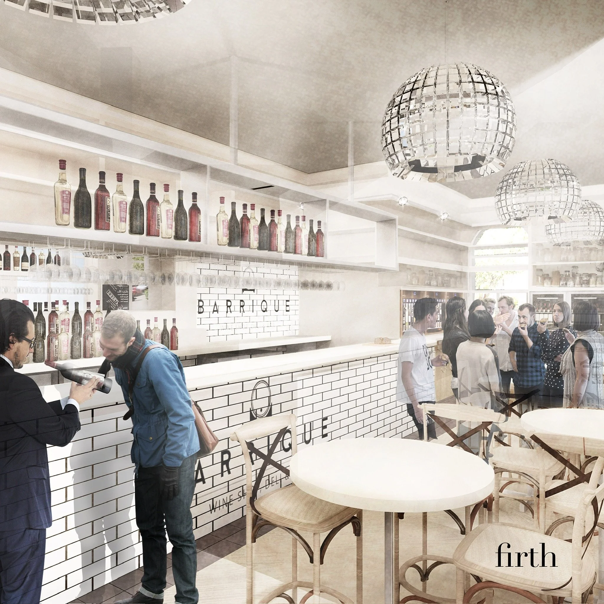 Interior of a modern bar or cafe with a white brick counter, group of people socializing, and hanging spherical mirrors as lighting fixtures.