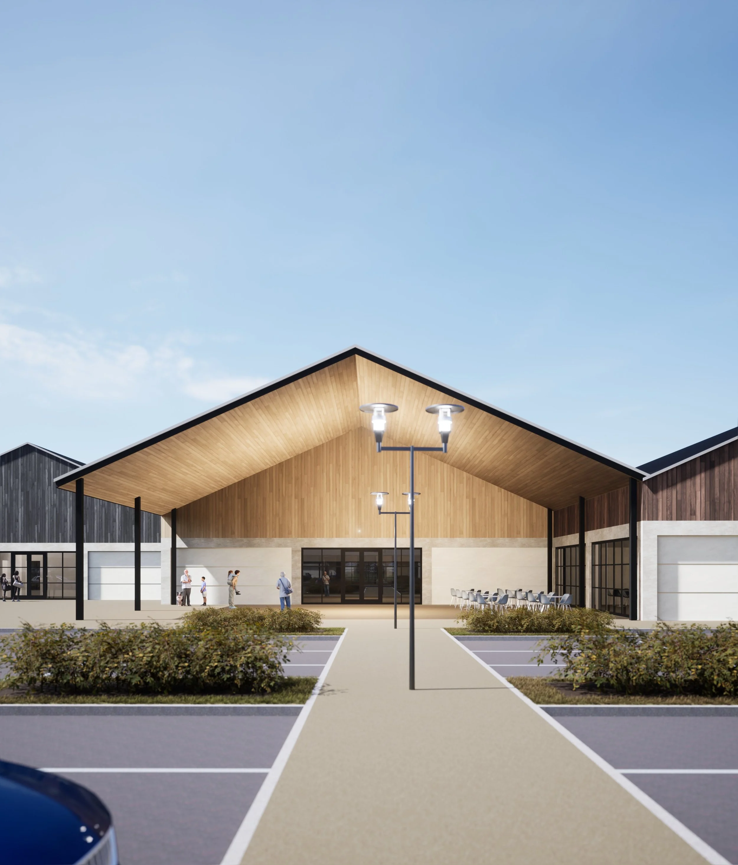 Rendering of a modern building with a peaked roof, large glass doors, ample parking space, surrounding garden beds, and people walking towards the entrance.