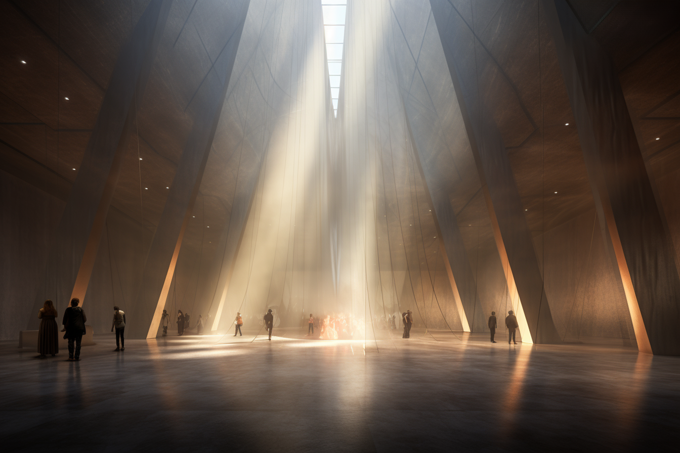 A large, modern interior space with tall, angled walls and a high ceiling with a skylight allowing sunlight to stream in, creating a dramatic atmosphere. Several people are dispersed throughout, standing and observing the area.