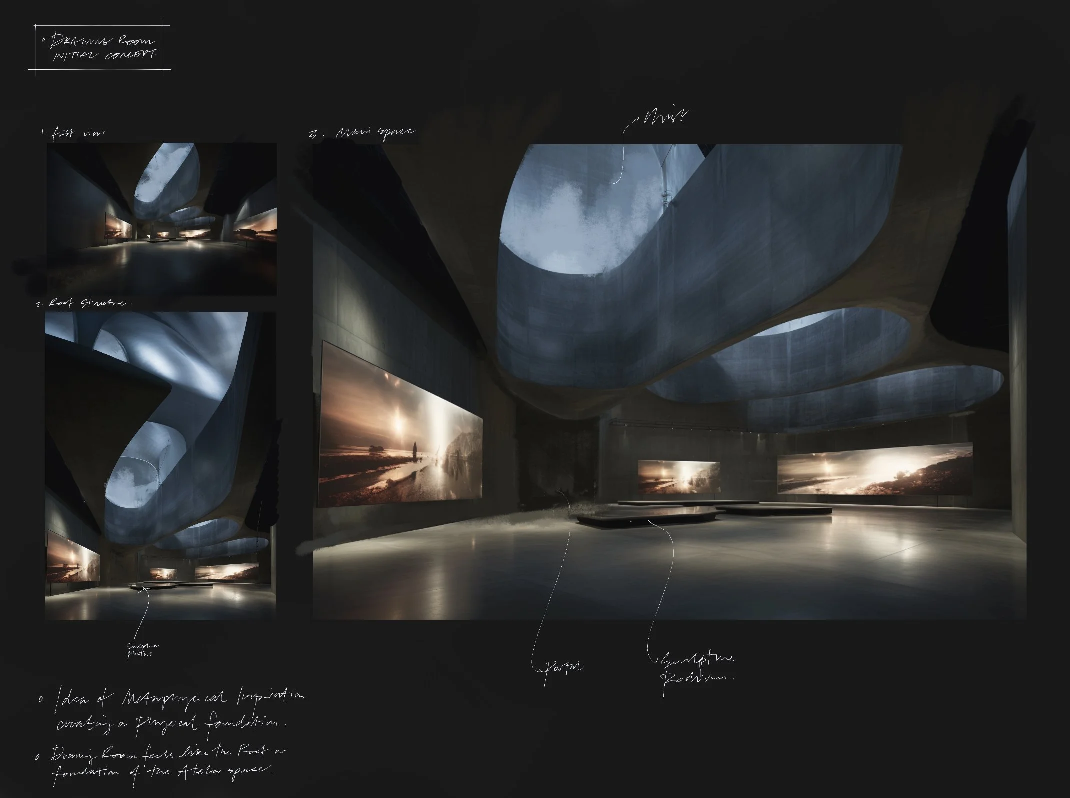Digital rendering of an architectural interior space featuring a ceiling with organic, flowing shapes and multiple large screens displaying scenic images.