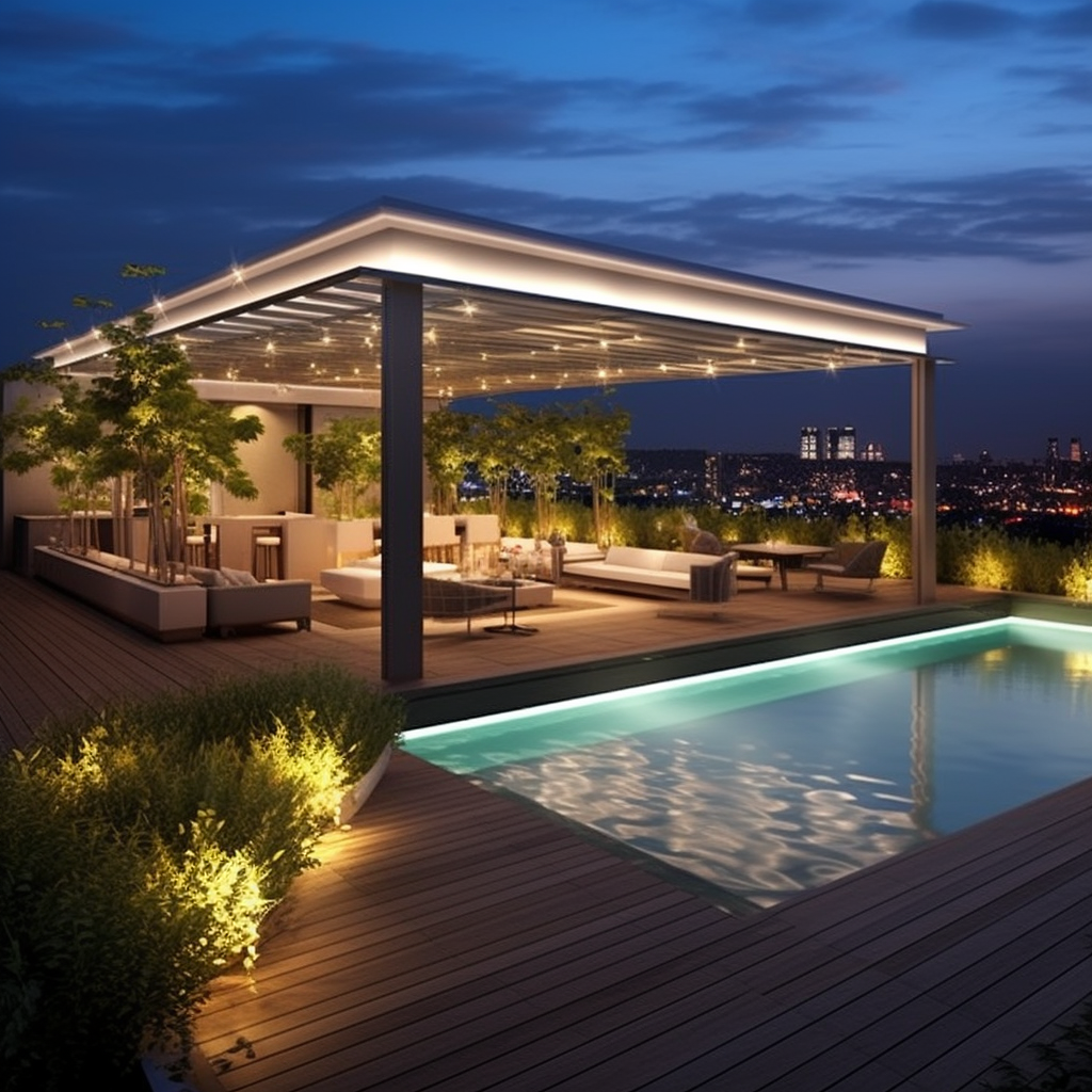 Luxury rooftop outdoor lounge area with seating, trees, and a swimming pool at night, overlooking a city skyline.