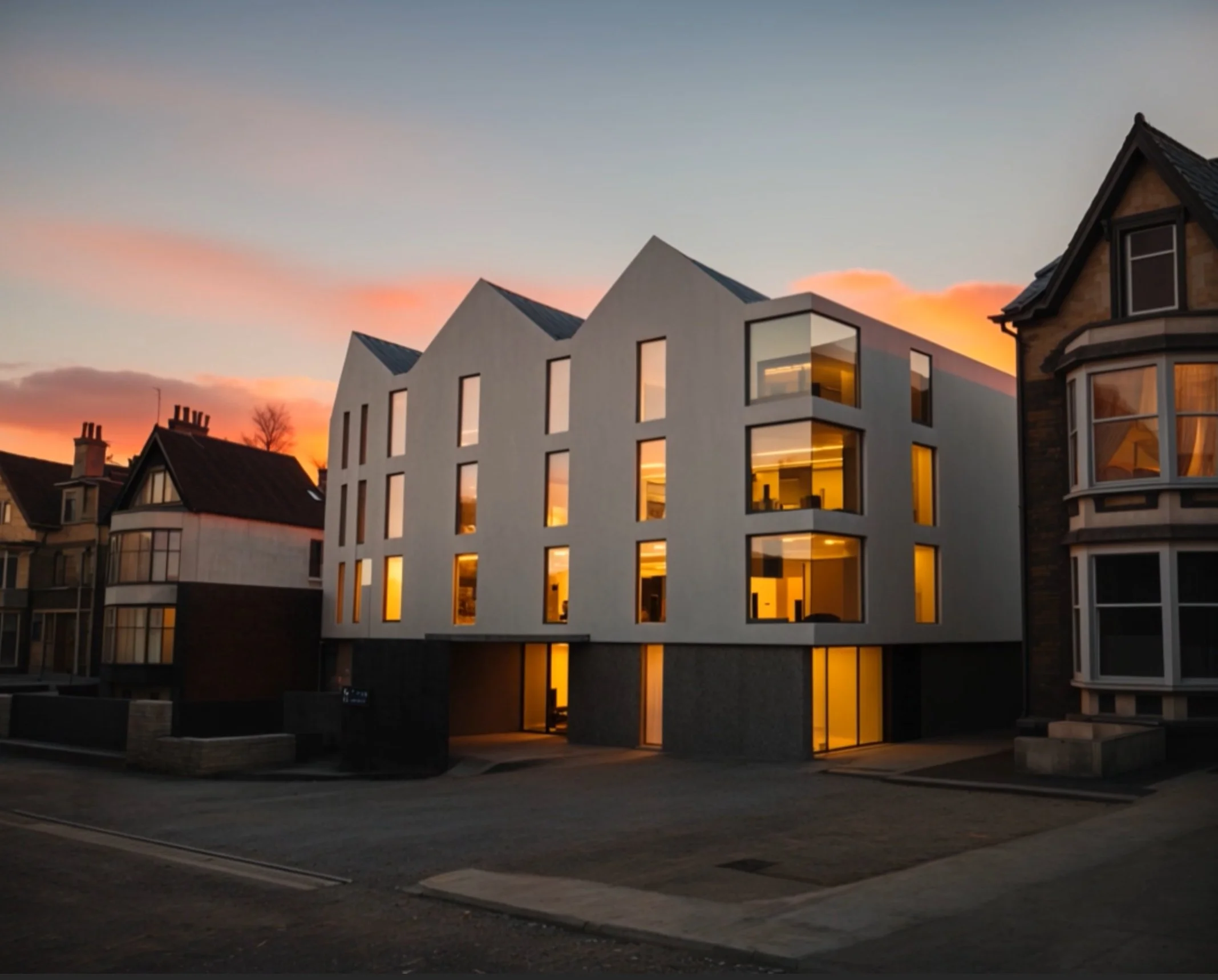 Modern white residential building with large windows and a unique architectural design at sunset