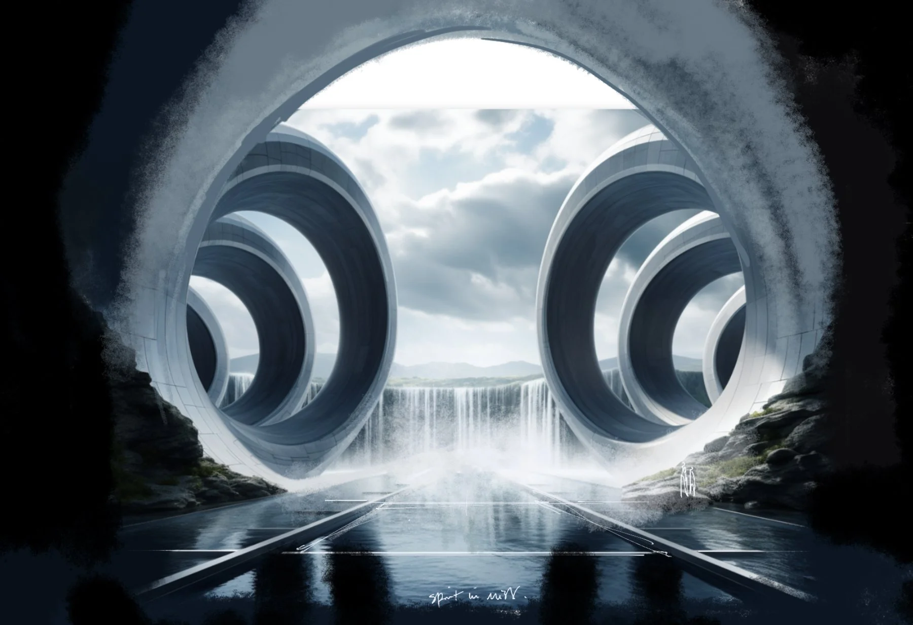 Futuristic tunnel with large circular openings, water flowing below, and waterfalls in the distance under a cloudy sky.