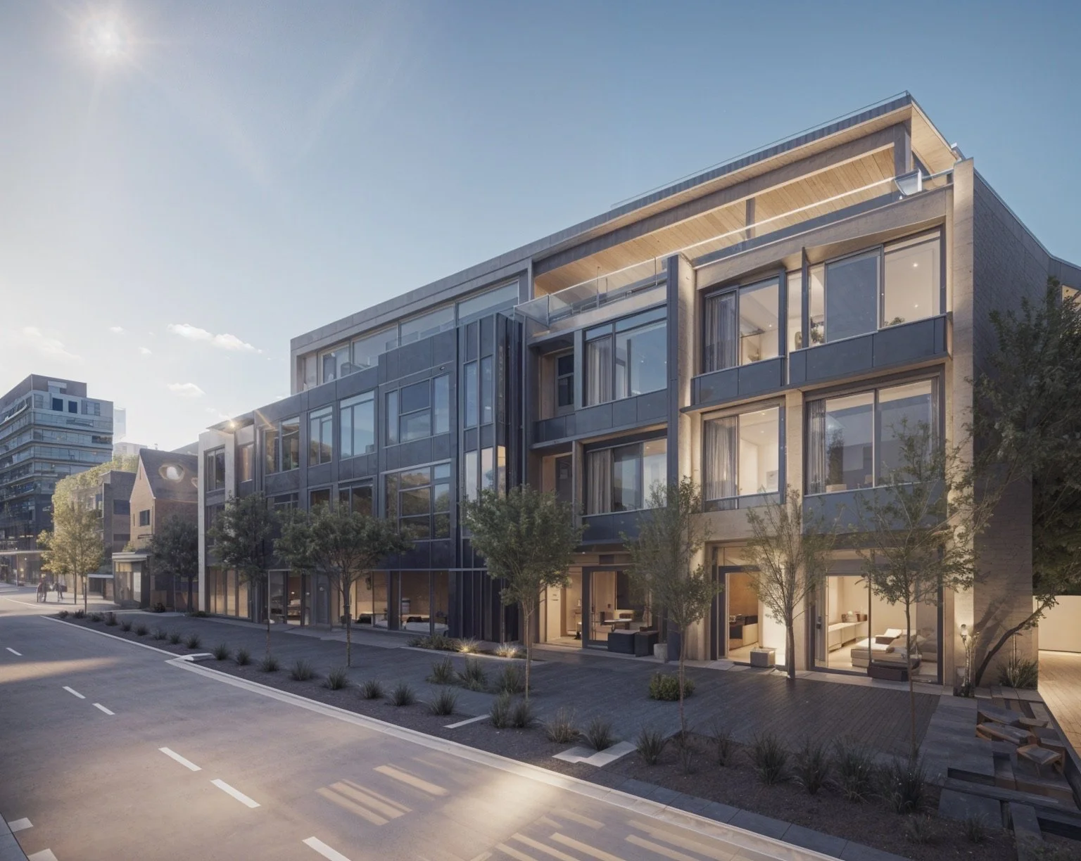 Modern multi-story residential building with large glass windows, trees lining the sidewalk, and a quiet street in front.