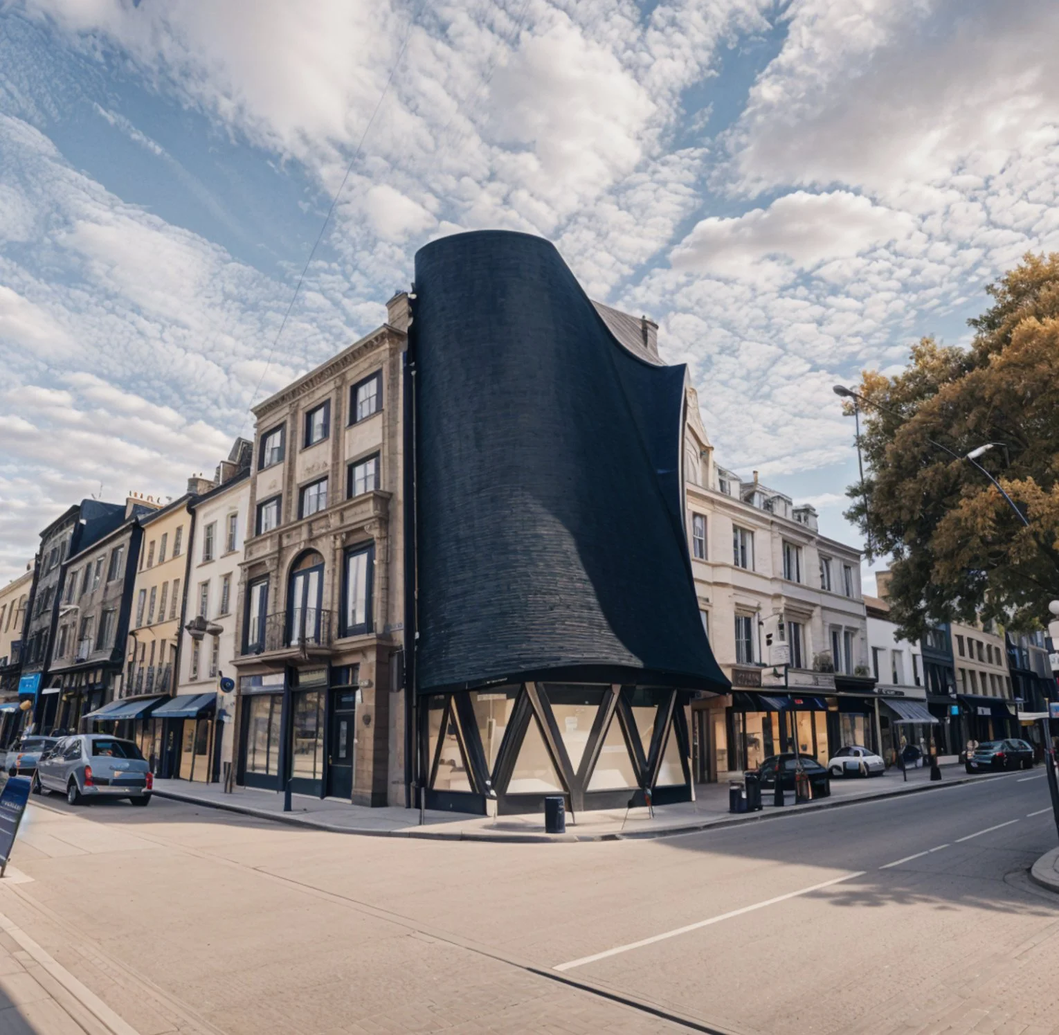 A city street with multi-story buildings, some with architectural details, and a large, dark cloth covering one building's facade. Several cars are parked along the street, and a few trees are visible. The sky is partly cloudy.