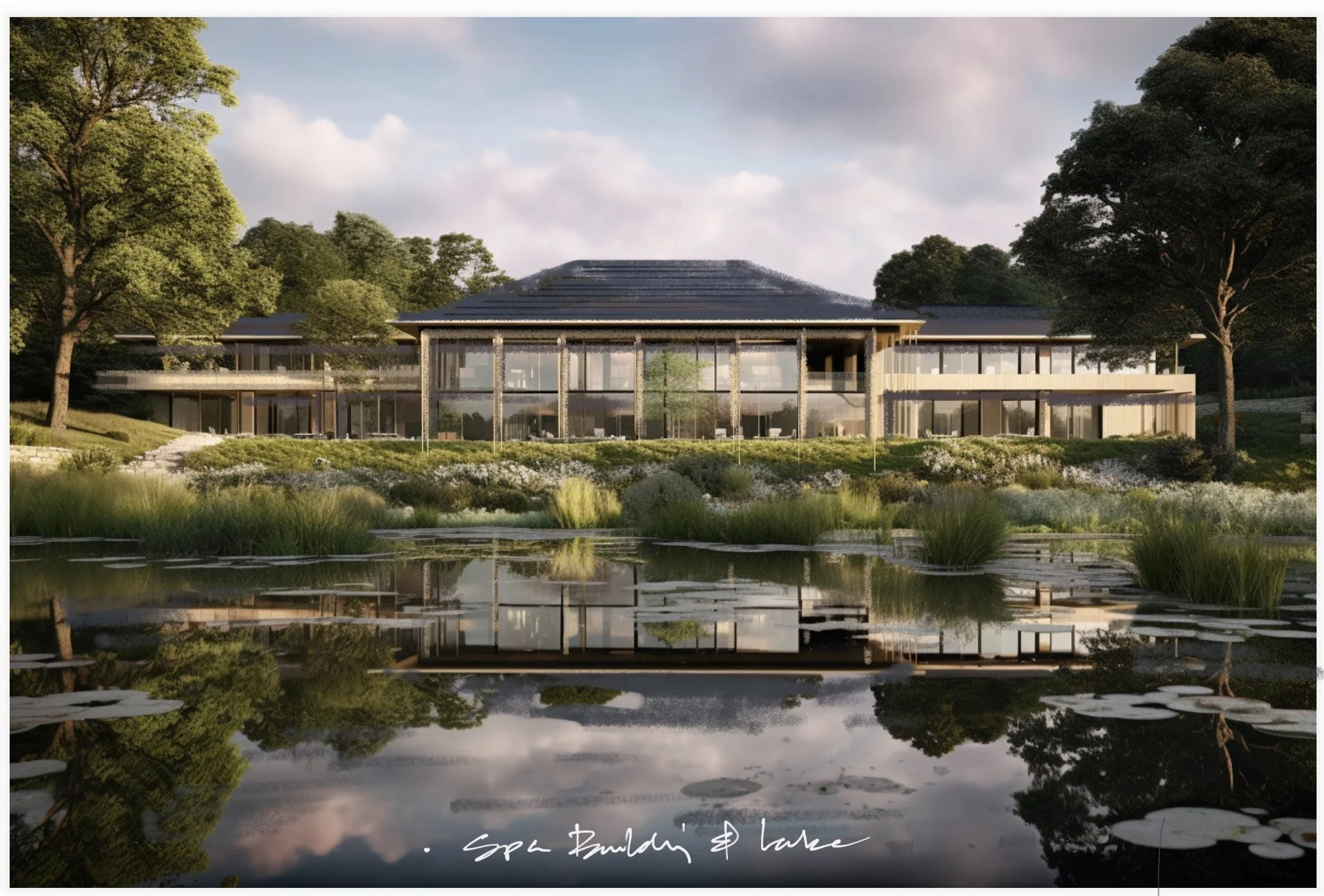 Modern house surrounded by trees, with large glass windows and a pond in the foreground, reflecting the house and sky.