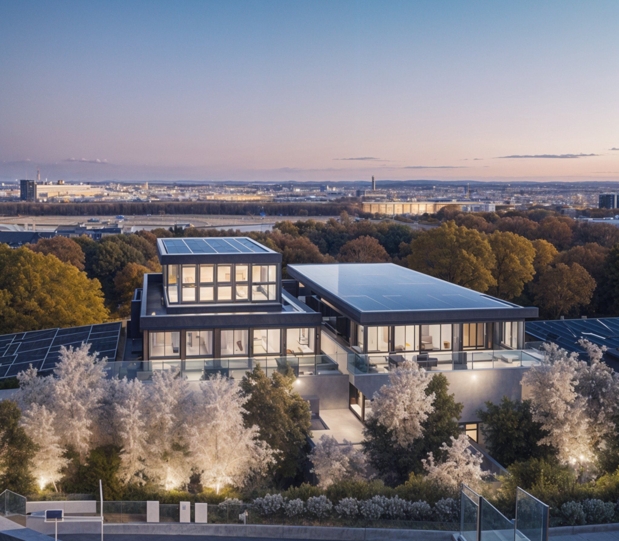 Modern house with solar panels on the roof, surrounded by blooming trees, overlooking a cityscape at sunset.