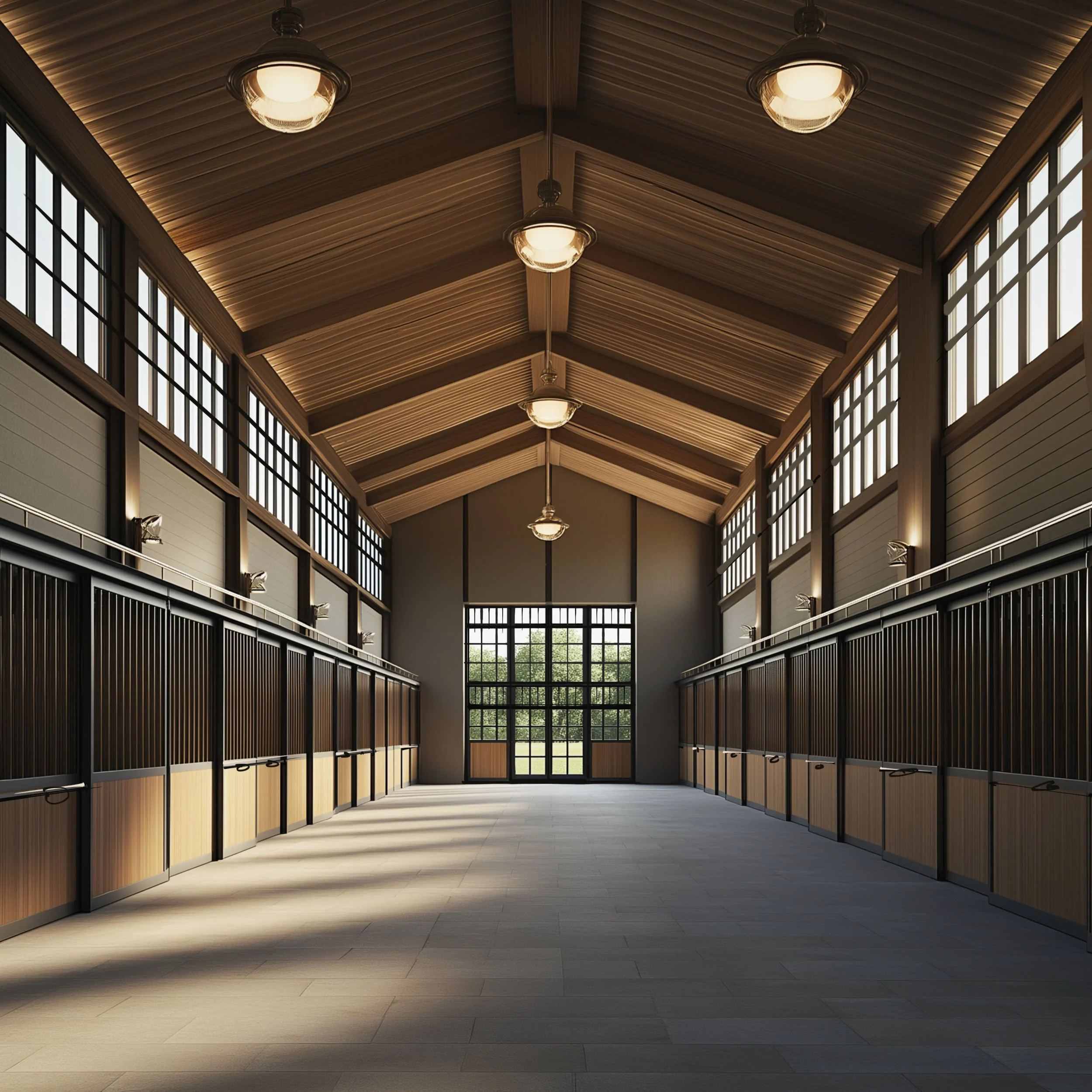 Empty horse stable with wooden stalls, large windows, and a high wooden ceiling with hanging lights.