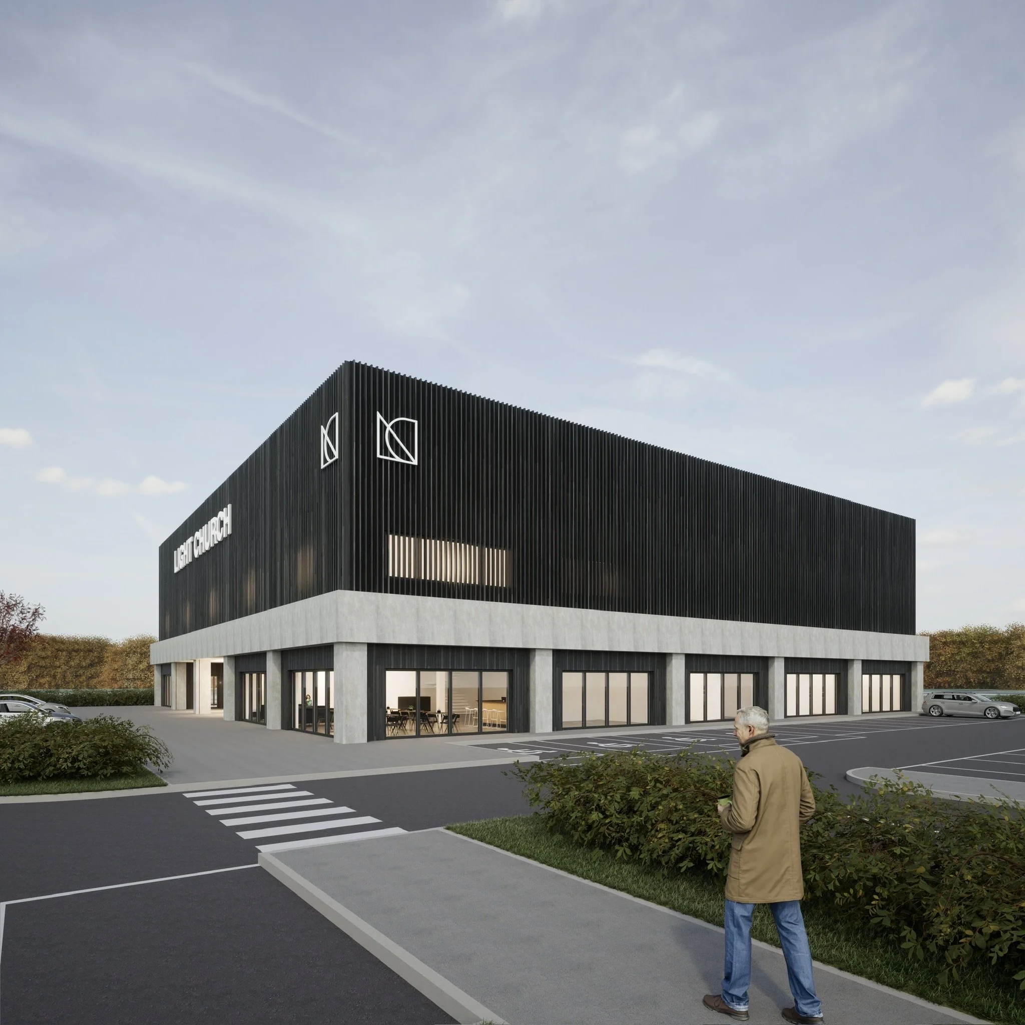 Rendering of a modern two-story church building labeled 'Light Church,' with large glass windows, a parking lot, and a pedestrian walking nearby.