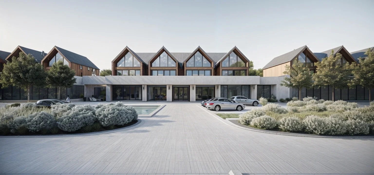 Front view of a modern residential building with multiple gabled roofs, large glass windows, surrounded by landscaped bushes and trees, with a parking area and cars in front.