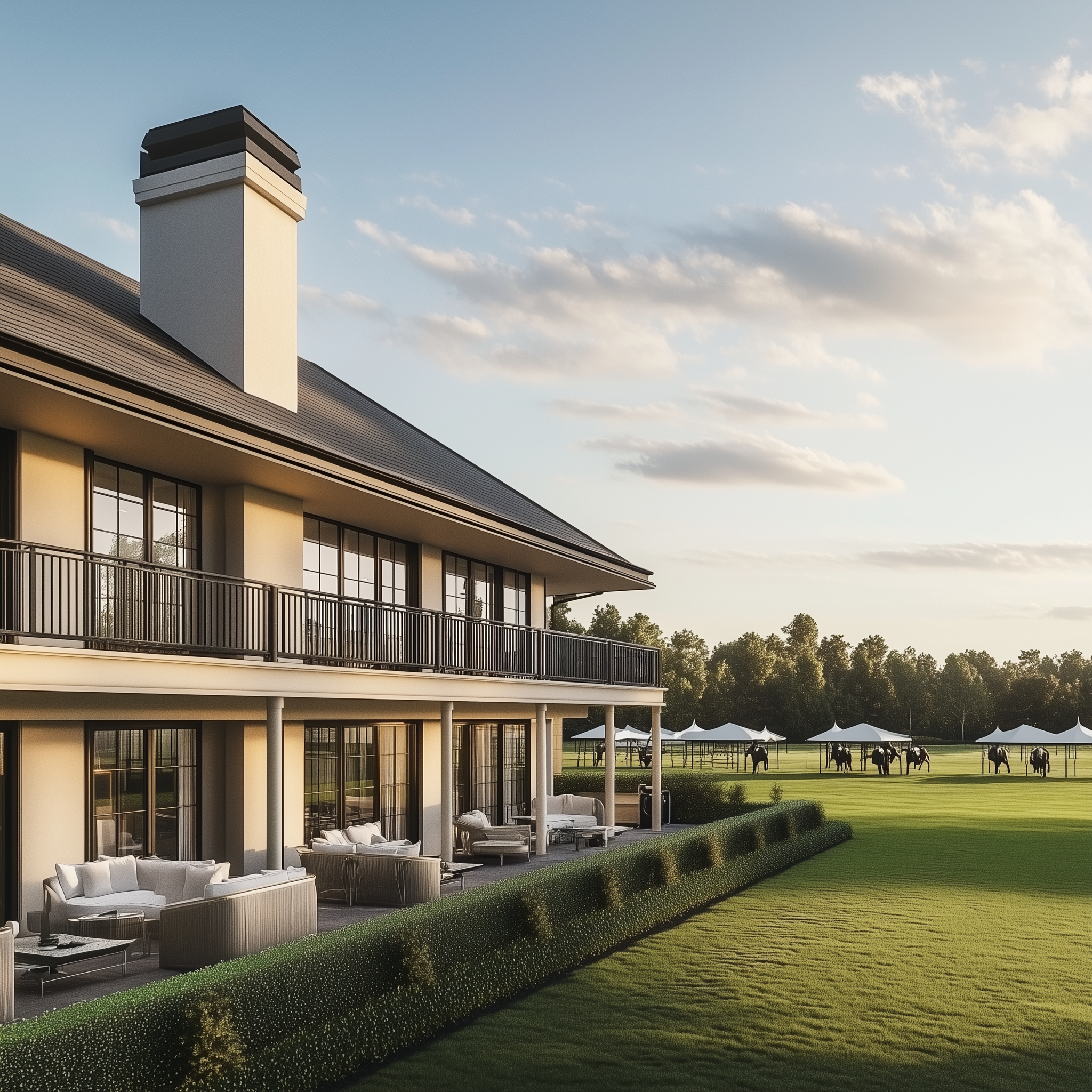 Exterior of a large estate with a patio, outdoor seating, and a lush lawn with tents and horses in the background at sunset.