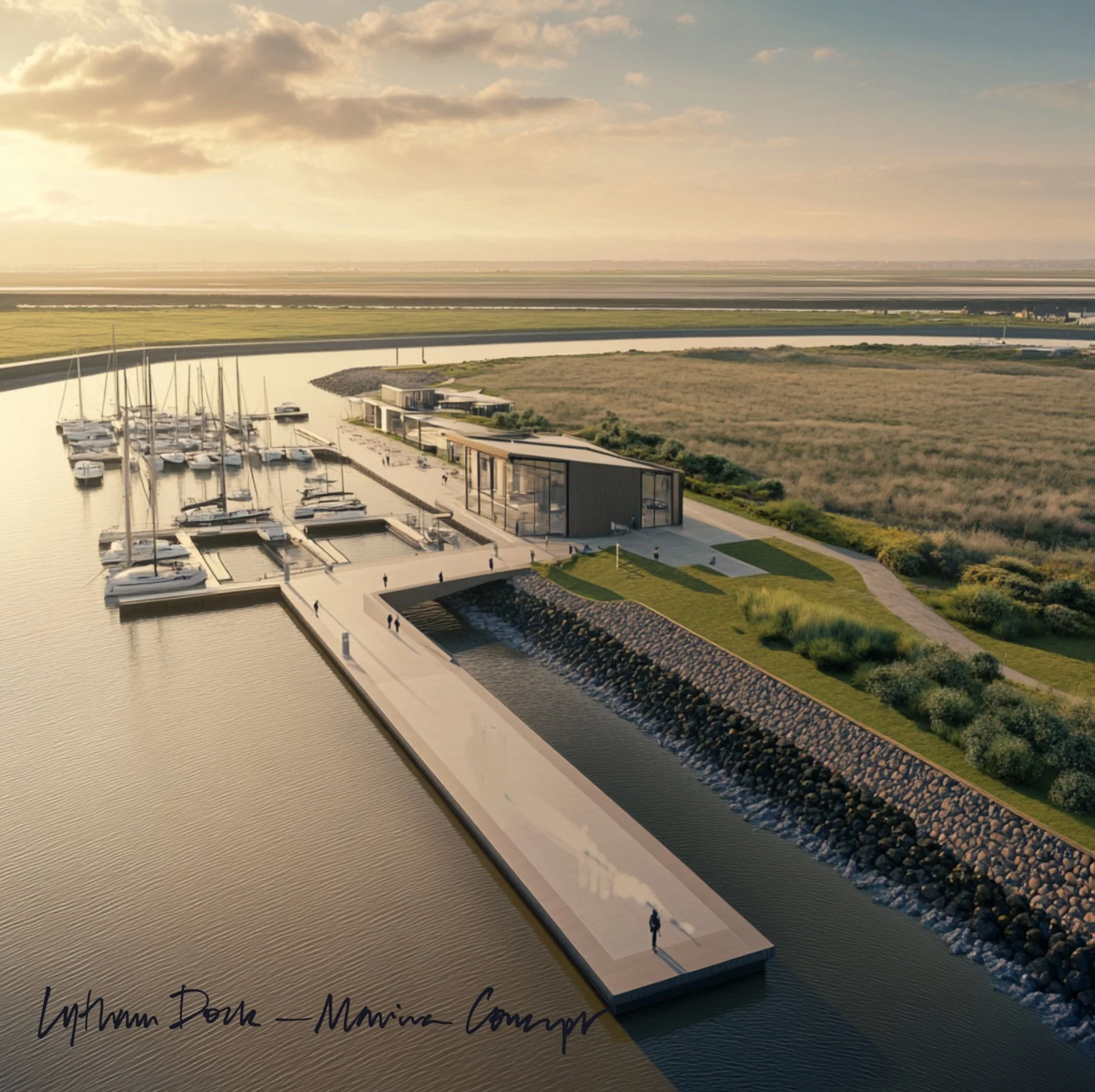 Aerial view of a modern marina with boats docked, a building, walkways, green lawns, trees, a water feature, and a landscape with fields and water in the background during sunset.