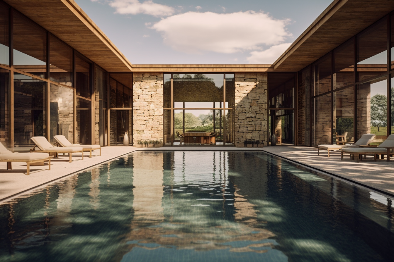 Modern house with an indoor pool, stone walls, large glass windows, outdoor lounge chairs, and a view of green trees and blue sky.