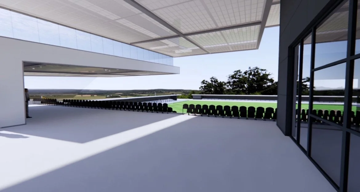 Render of a modern outdoor event space with black chairs facing a field, balconies, glass walls, and sunshine.