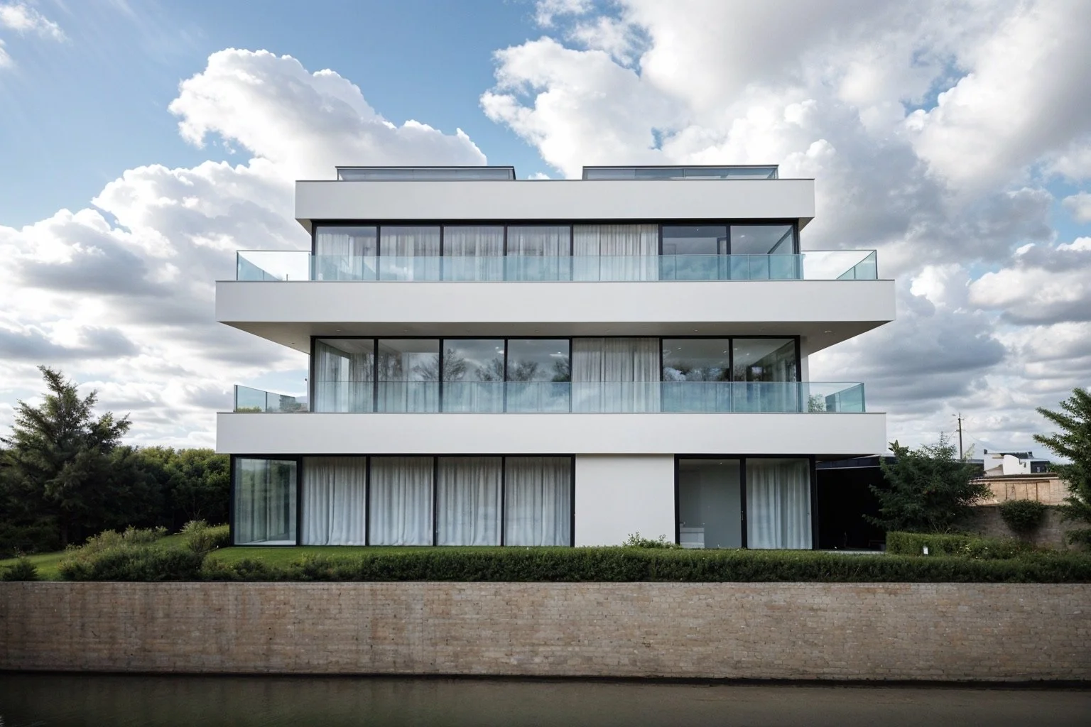 Modern white multi-story building with large glass windows and glass balconies, surrounded by greenery and a brick wall, under a partly cloudy sky.