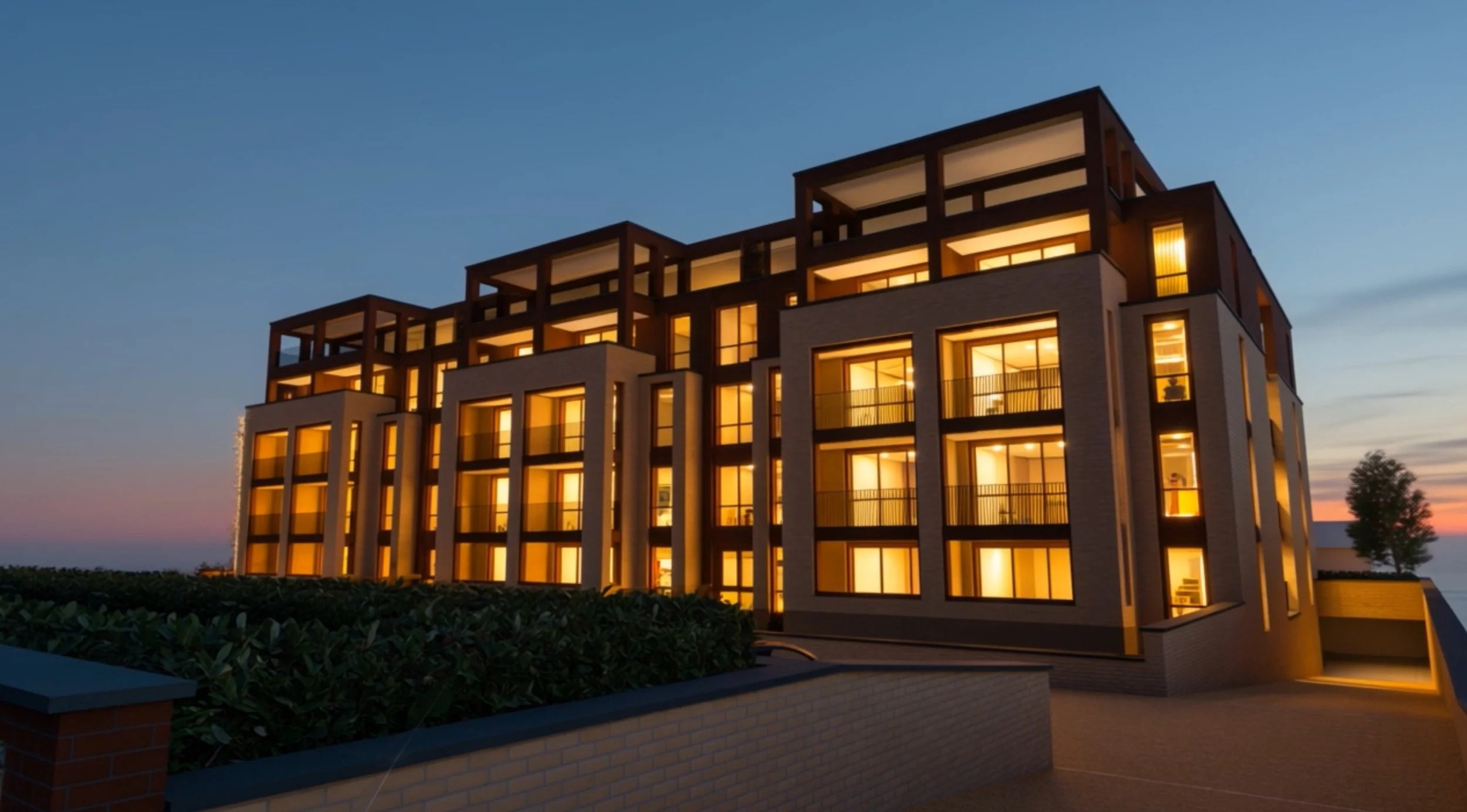 A modern multi-story apartment building illuminated at dusk with lights on in the windows.