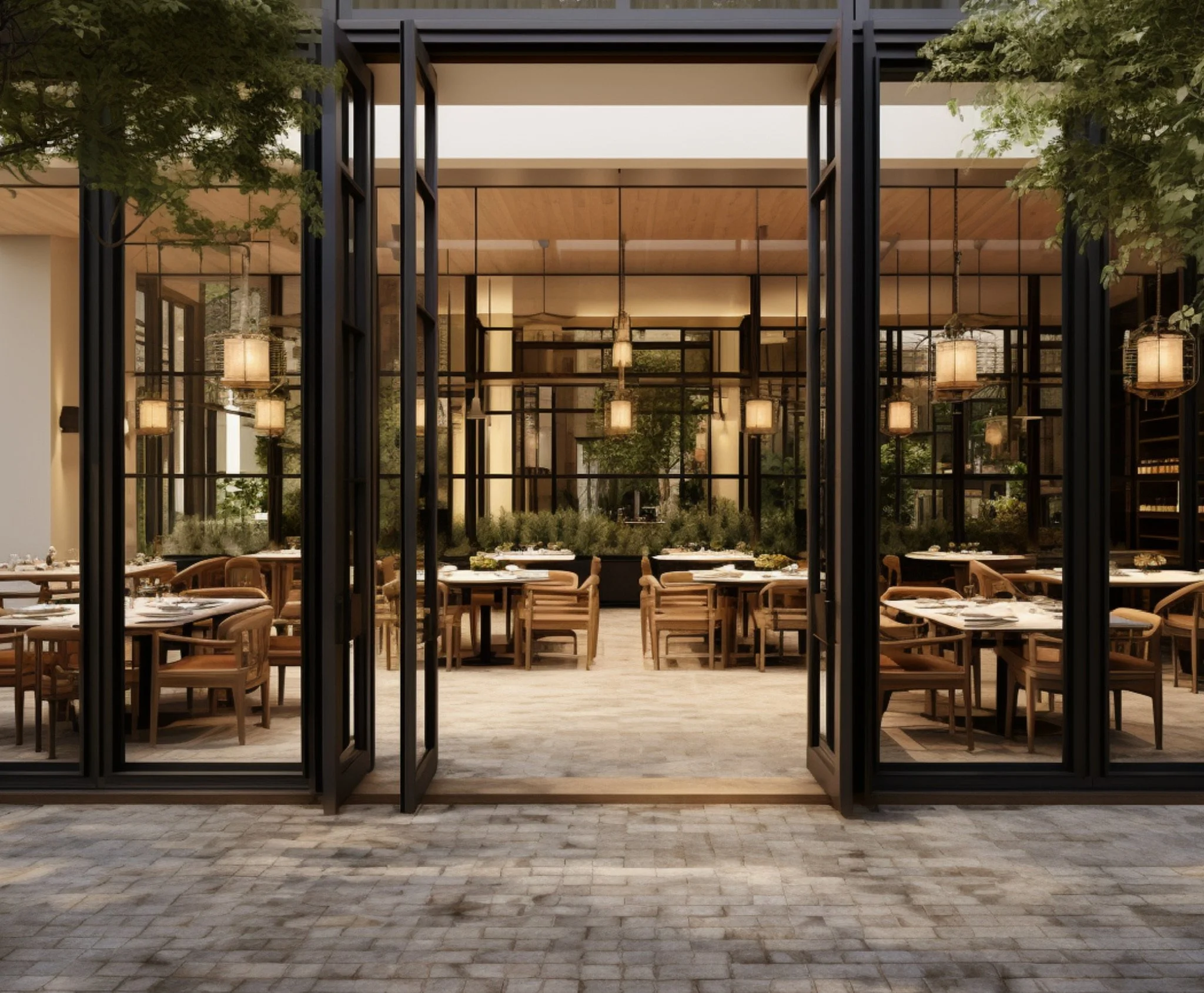 View of a modern restaurant interior seen through open glass doors, featuring wooden tables and chairs, hanging pendant lights, and greenery in a spacious, well-lit setting.