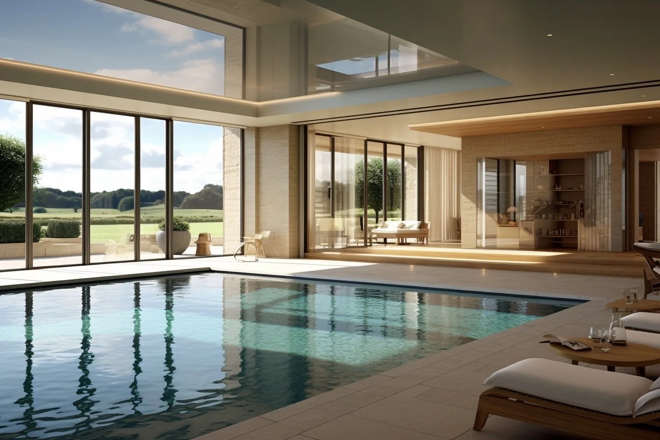 Interior of a modern indoor swimming pool area with large glass windows overlooking a green landscape and a cloudy sky, relaxed lounge chairs, and natural wood accents.