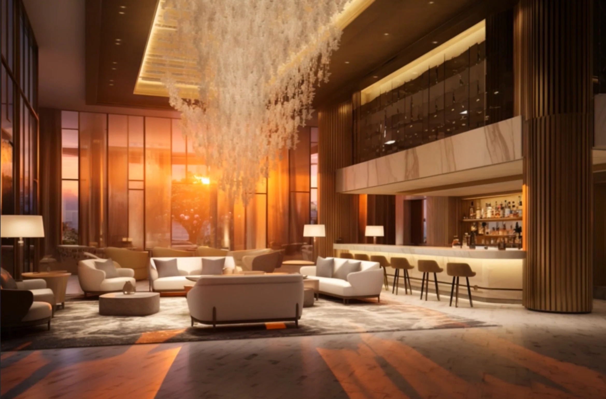 Elegant hotel lobby with white sofas, bar area with stools, large window showing sunset, contemporary chandelier, warm lighting, and wooden accents.