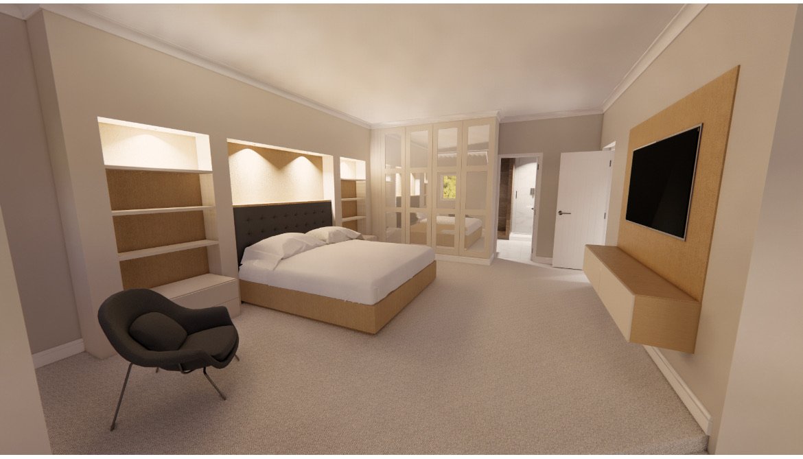 A modern bedroom with beige and white tones, a bed with a dark headboard, a black chair, built-in shelves, a wall-mounted TV, and a glass partition leading to another room.