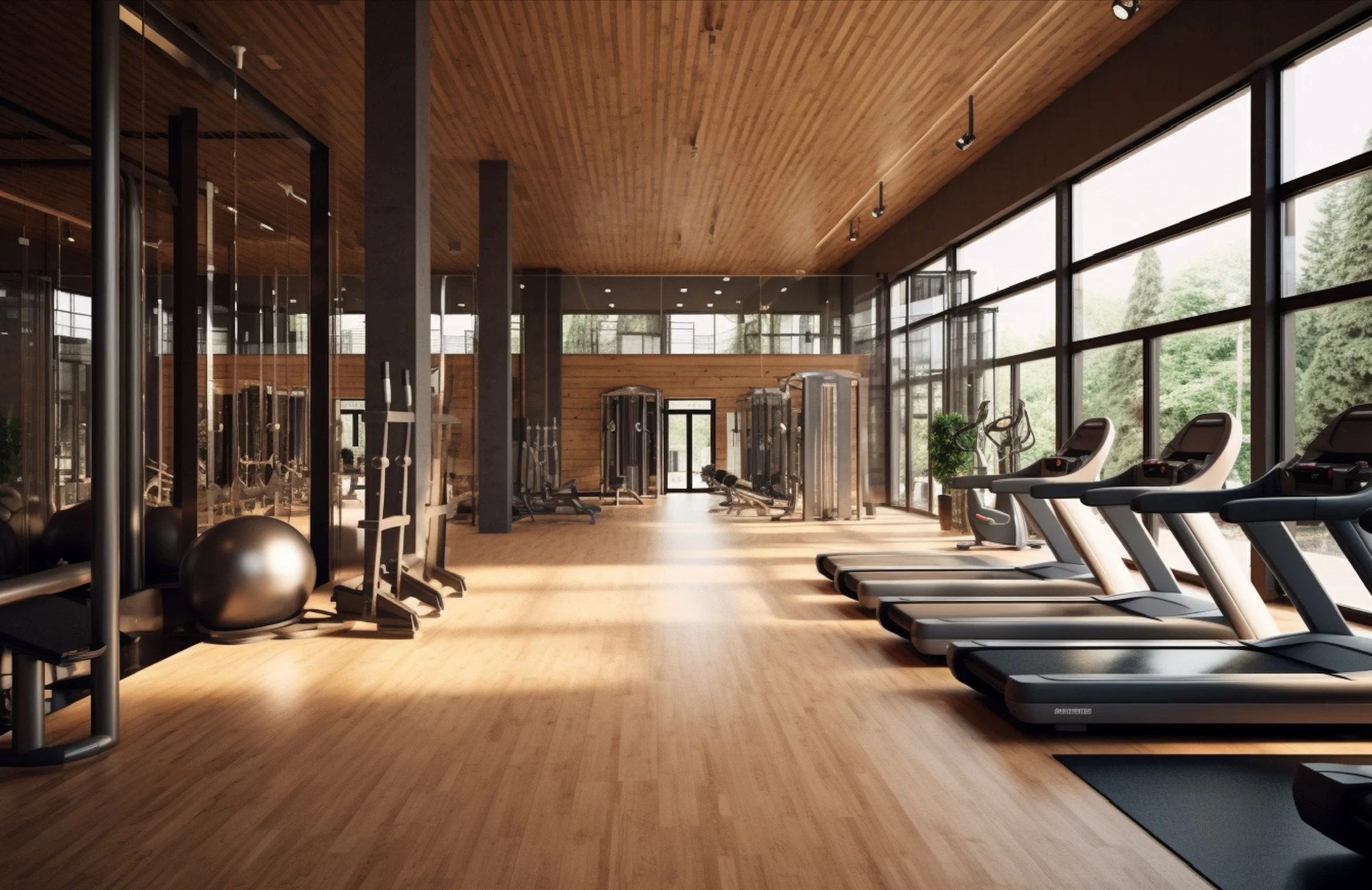 Empty gym with large windows, wooden floors, modern treadmill machines, and fitness equipment.