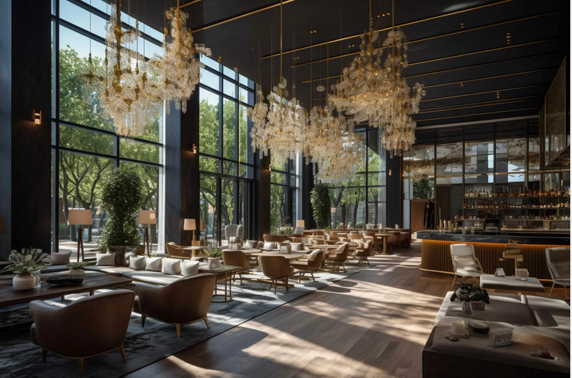 Interior of a luxurious restaurant or lounge with large glass windows, elegant chandeliers, and cozy seating arrangements.