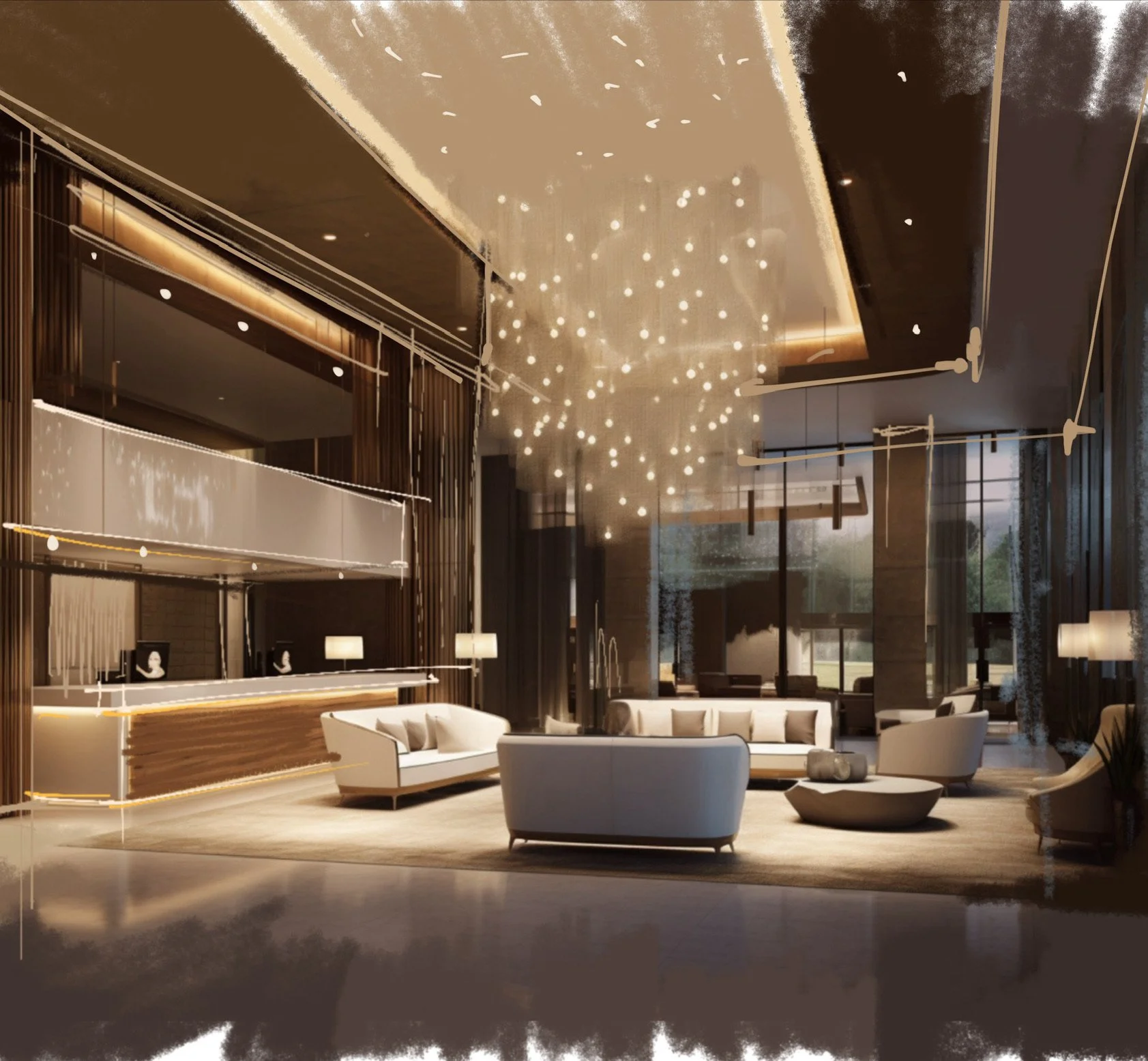 Luxurious hotel lobby with modern furniture, warm lighting, and decorative ceiling lights.