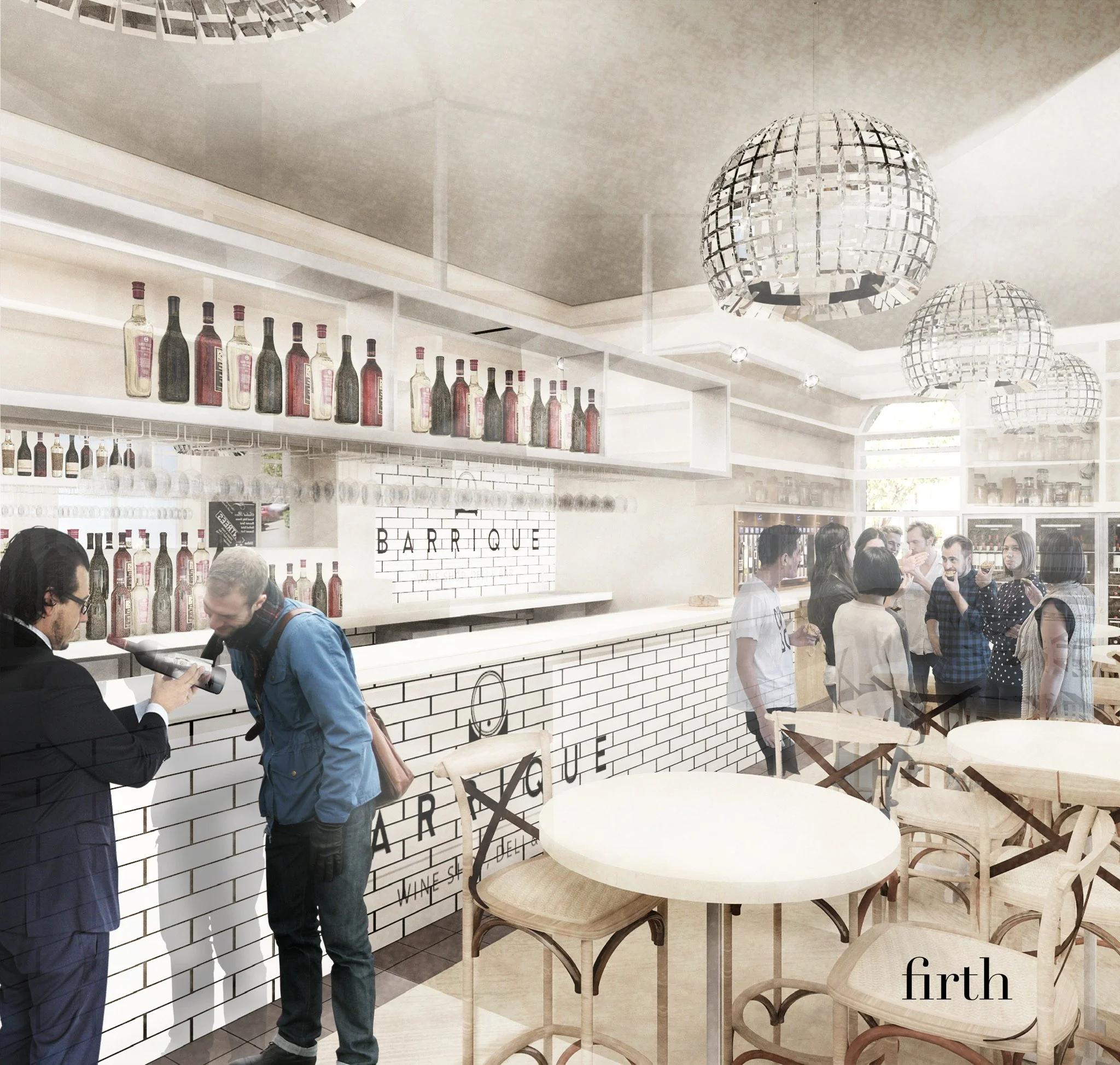 Interior of a modern bar or restaurant with a white brick counter, bottles on shelves, and groups of people socializing. Large spherical pendant lights hang from the ceiling.