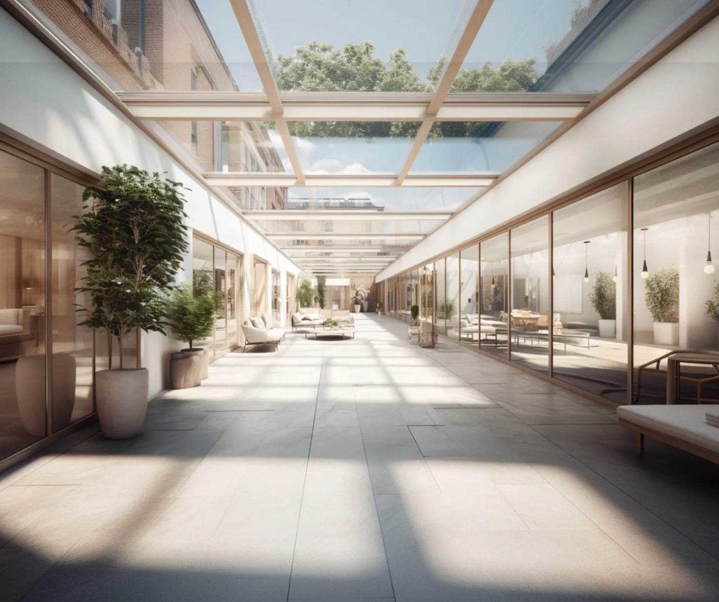 Bright outdoor glass corridor with comfortable seating and potted plants, sunlight casting shadows, and greenery outside.