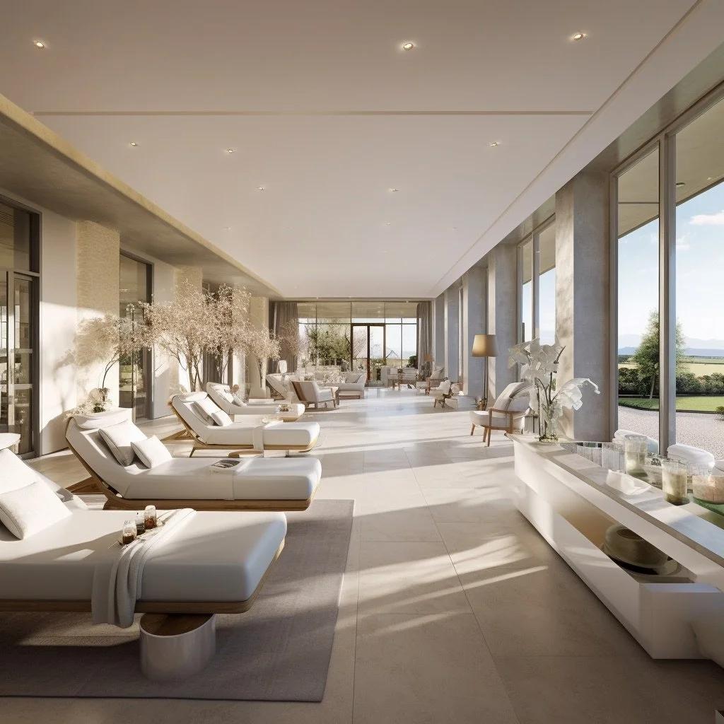 A spacious, modern lounge with white lounge chairs, large windows letting in natural light, and decorative plants and vases along the windows.