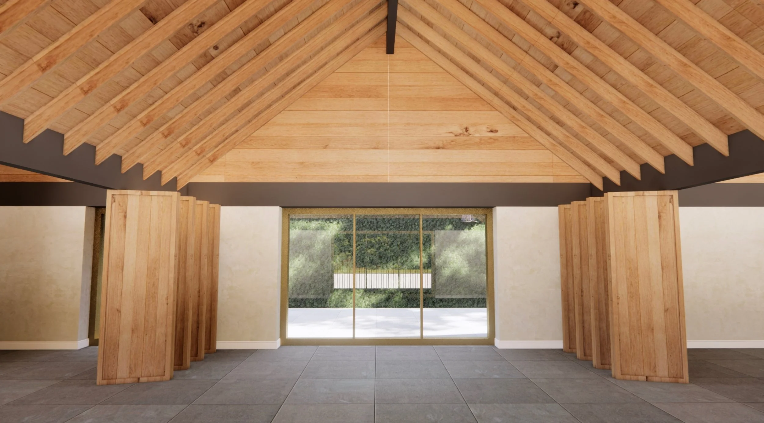 Interior view of a modern house with a high wooden ceiling, large sliding glass door, and wooden panels.