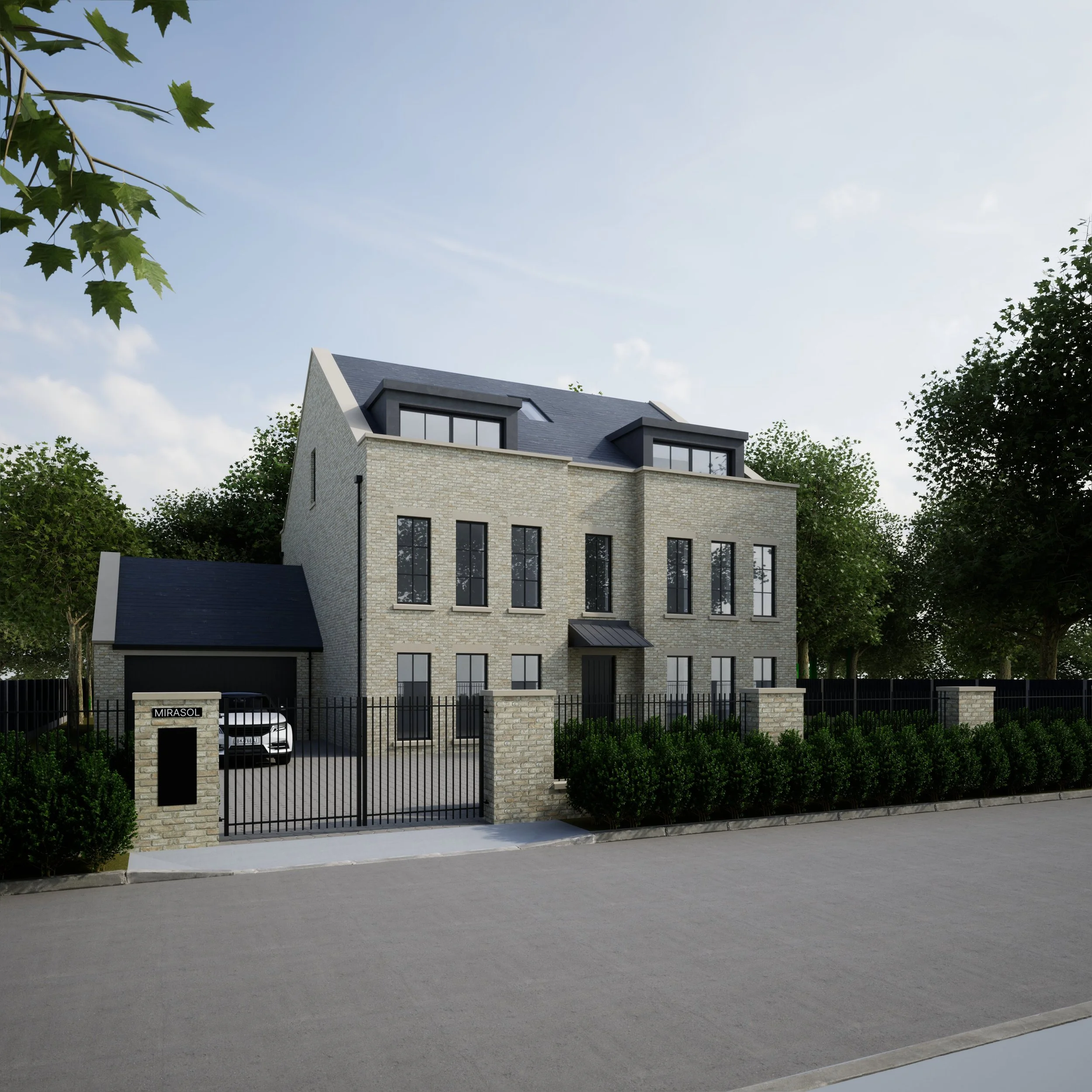 A modern three-story house with brick exterior, large windows, black roof, and a gated front yard with bushes and trees.