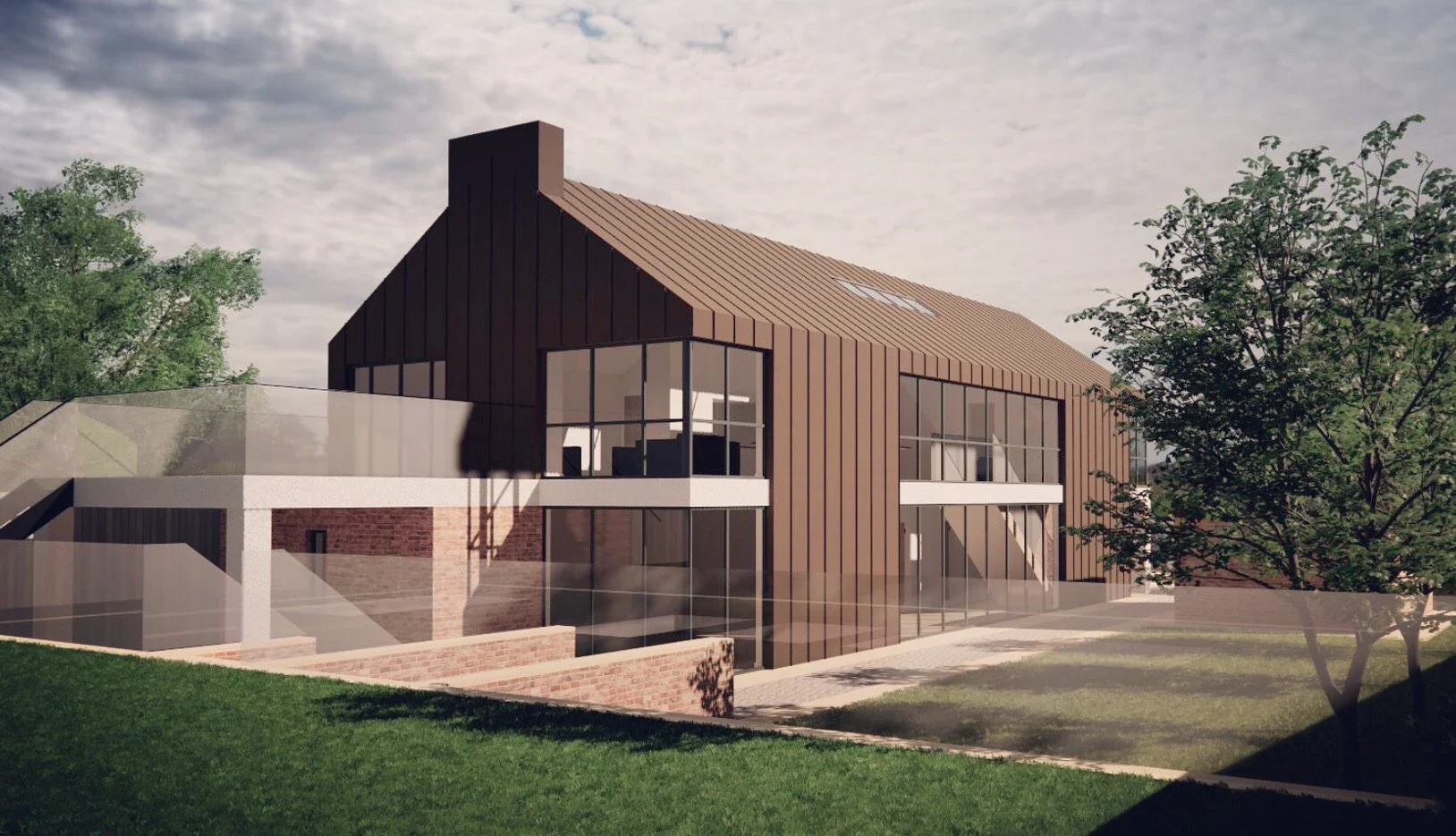 Rendered 3D model of a modern two-story house surrounded by green grass and trees with a cloudy sky in the background.