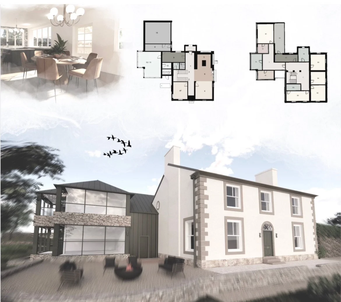 Design of a two-story house with traditional and modern elements, featuring large windows, a white exterior with stone accents, a patio with seating, and interior floor plans.