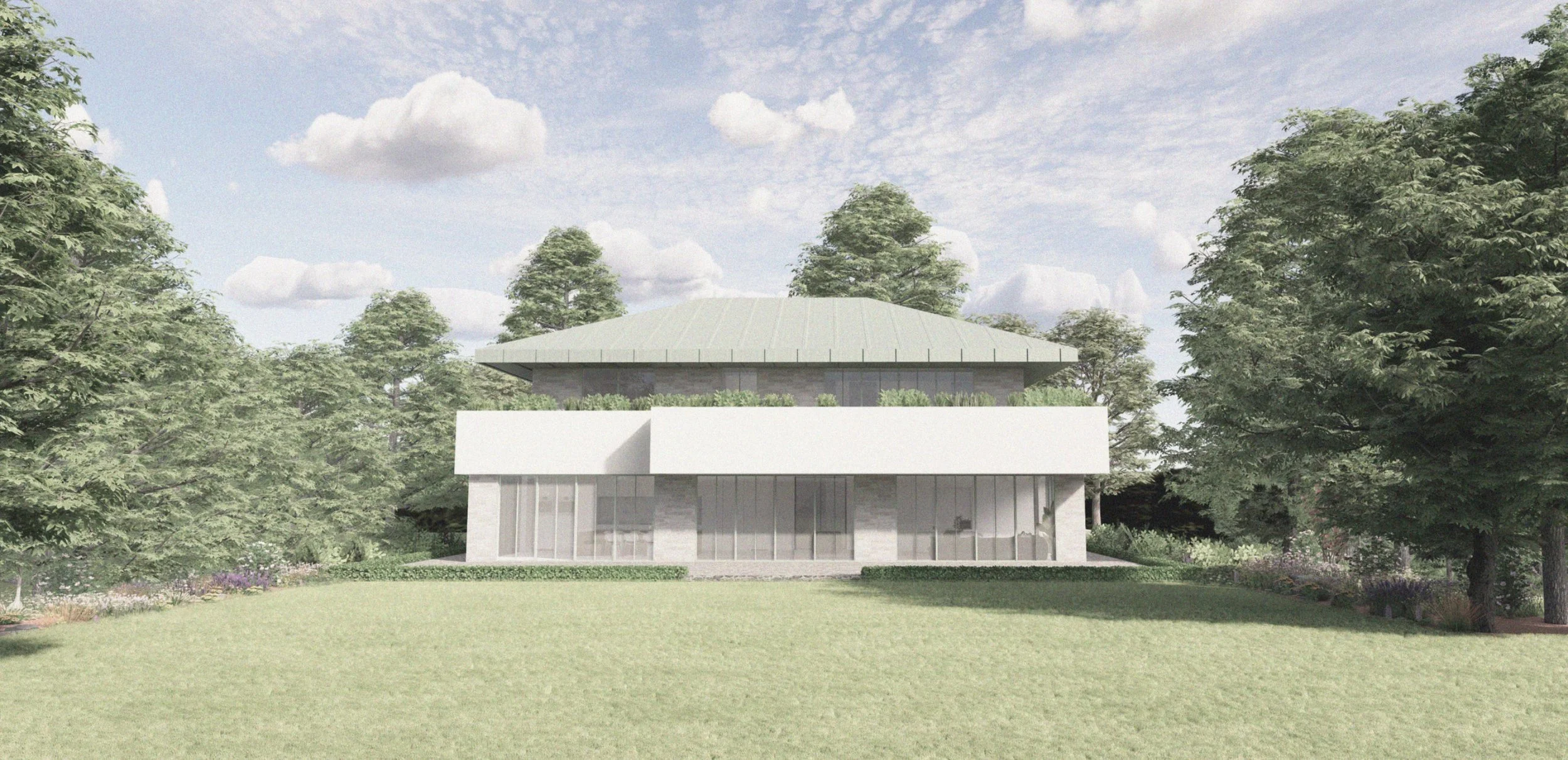 A modern two-story house with large glass windows, surrounded by lush greenery and trees, under a partly cloudy sky.