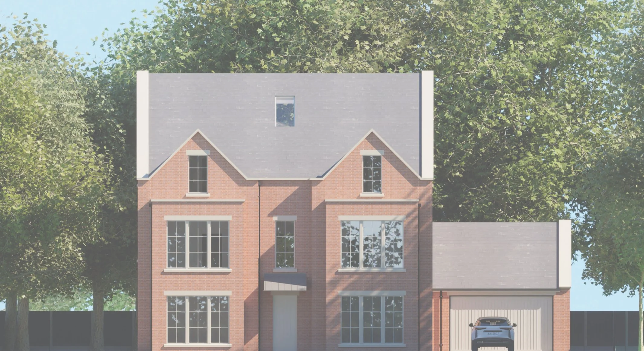 Illustration of a two-story brick house with large windows, a garage with a car parked inside, surrounded by trees.