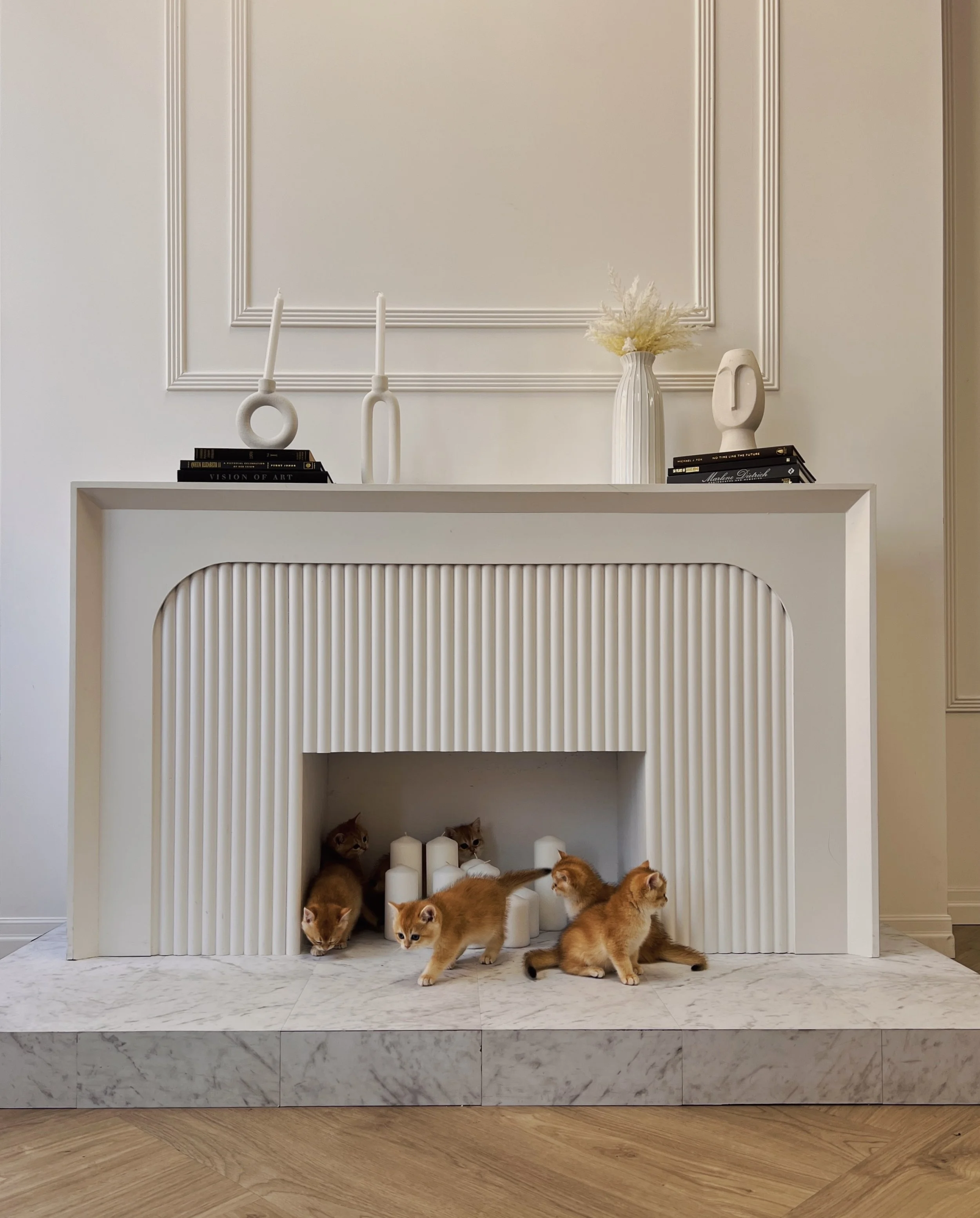 Six orange kittens playing in front of a modern white fireplace with candles inside, decorated with white vases and books on top.