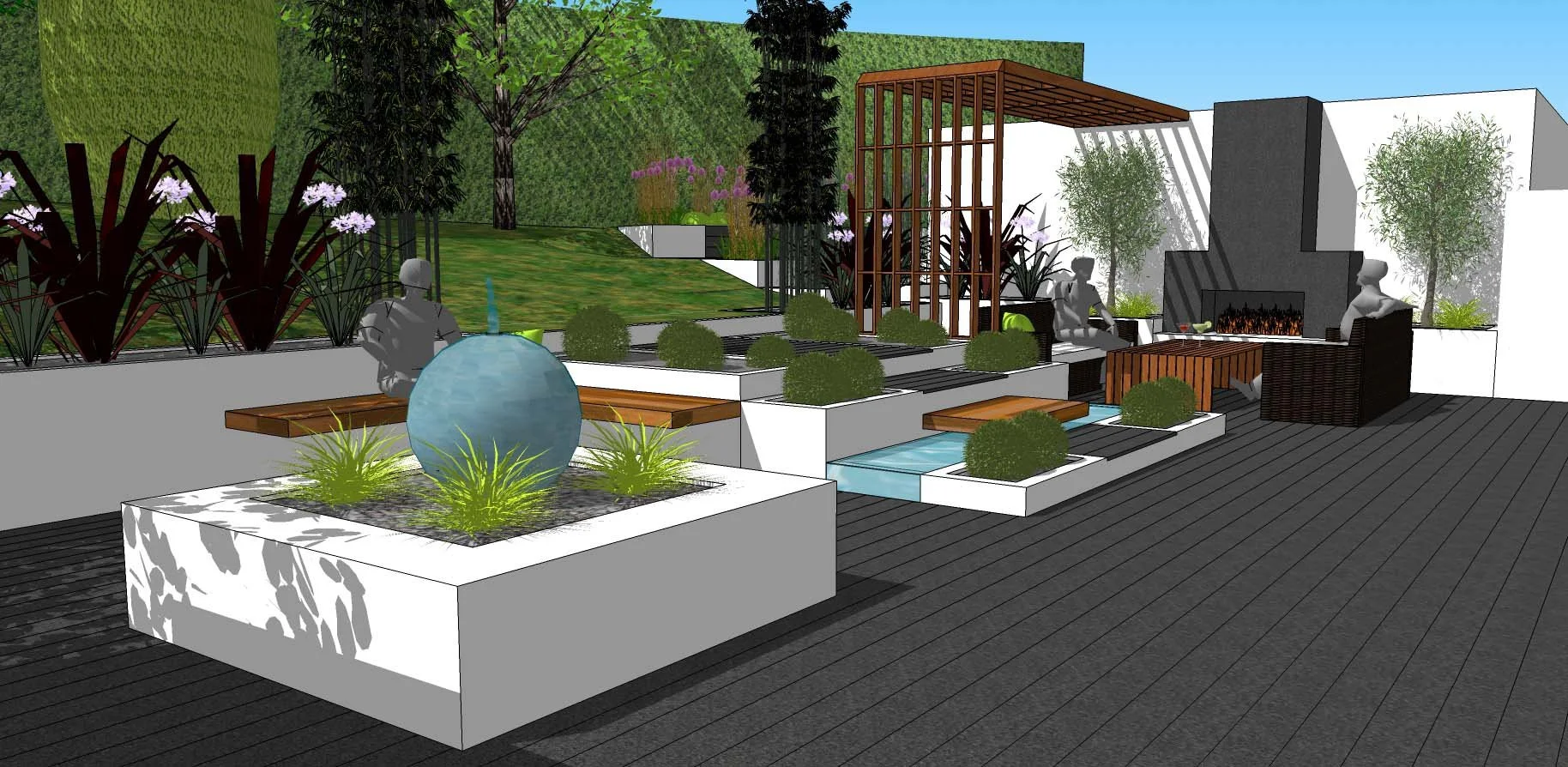 A modern outdoor patio with seating, a fire pit, decorative plants, and a garden area with trees and bushes in the background.