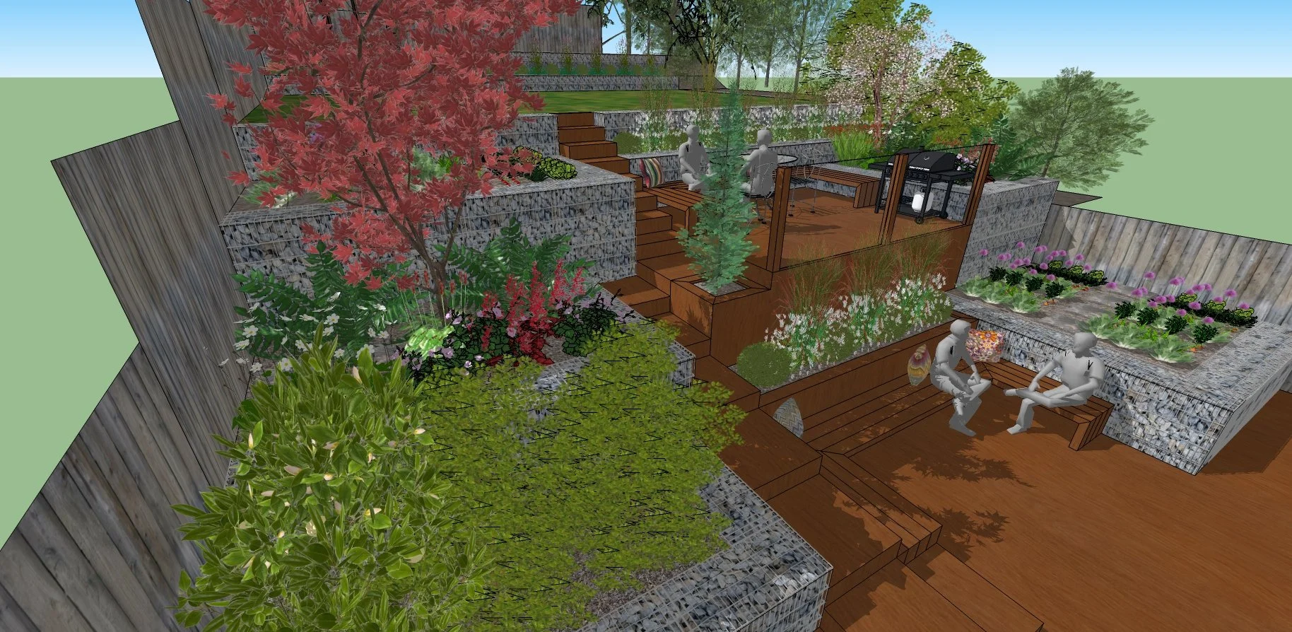 A detailed 3D-rendered outdoor garden patio with wooden decking, multiple levels, lush greenery including trees, shrubs, and flowering plants, and several white statues of people sitting and talking, with a barbecue grill on a deck at the back.