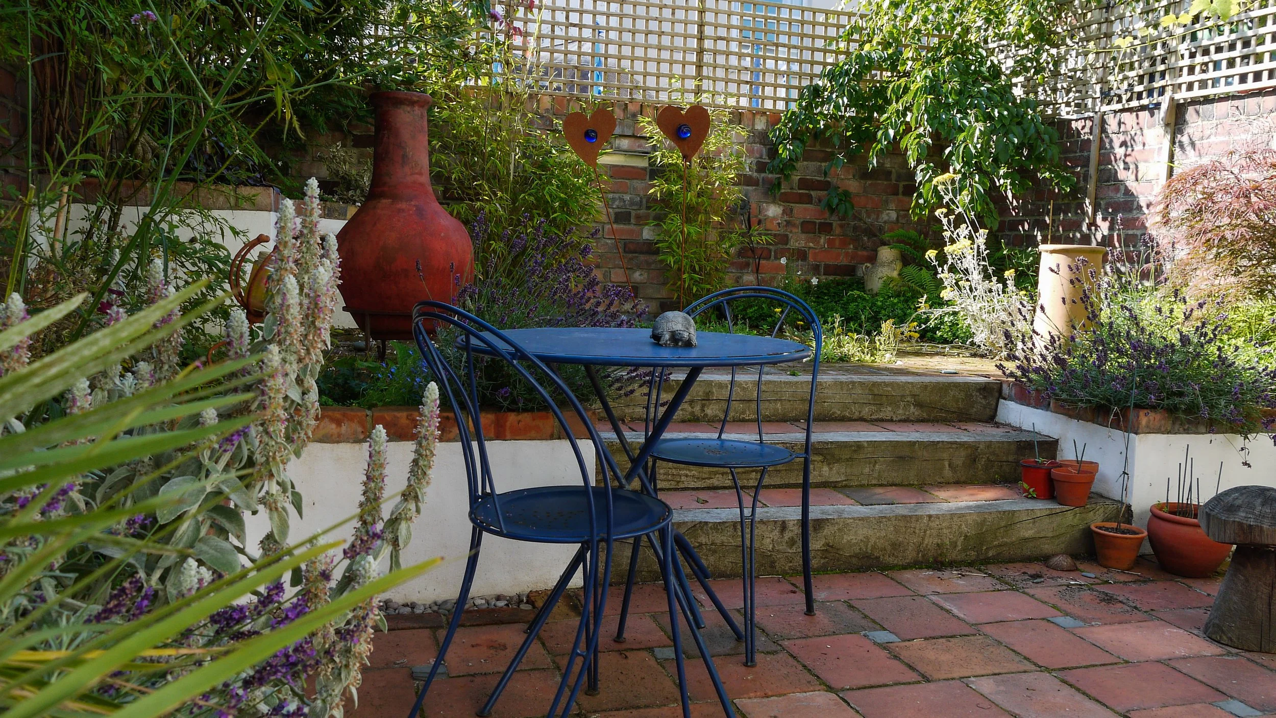 An image of the Eco Garden.  Paving, steps and planting in raised beds