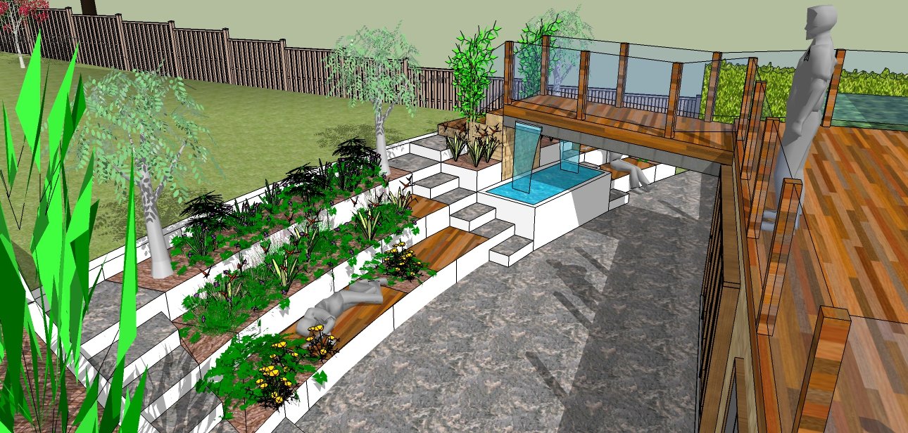 Rendering of a backyard garden with multi-level landscaped garden beds, trees, and shrubs, a deck with glass railing, a small pool, and decorative statues, enclosed by a wooden fence.