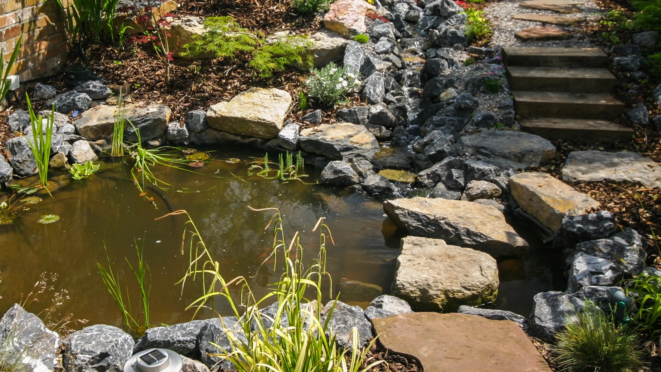 Pond, Stream and rockery and sleeper steps