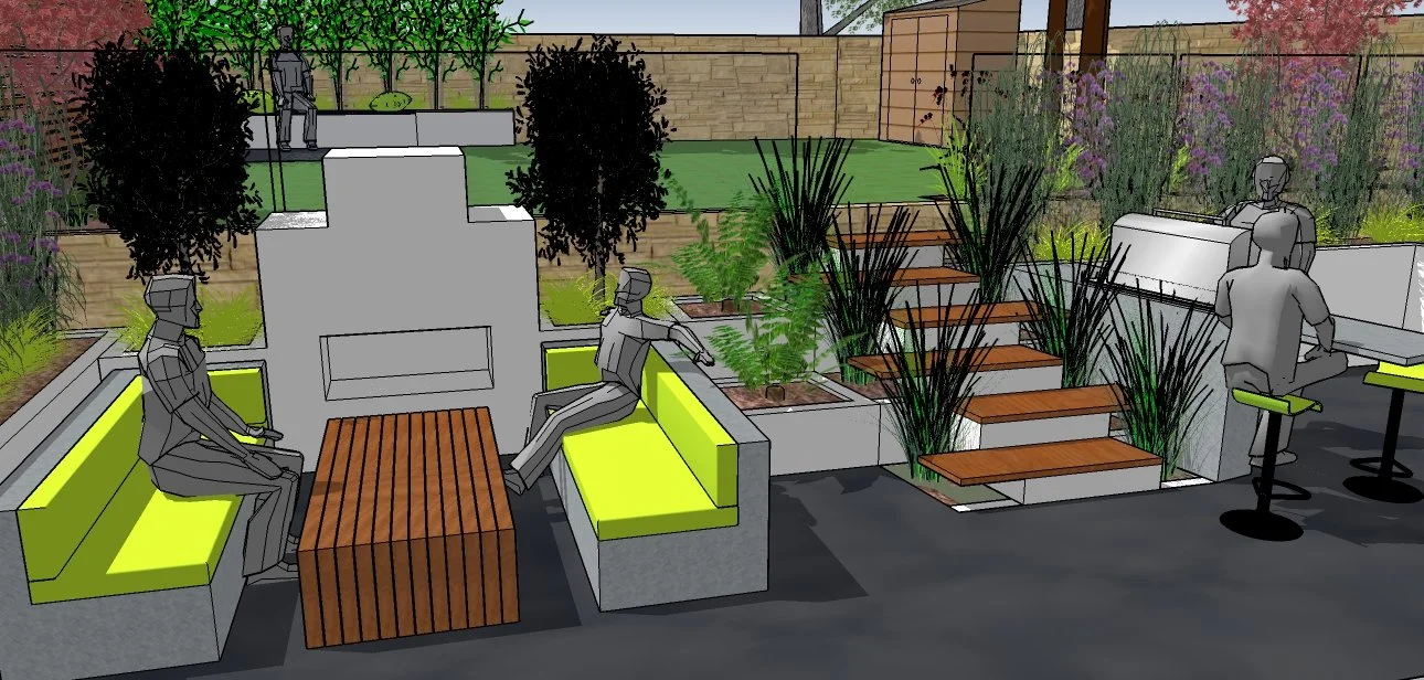 A modern outdoor garden seating area with built-in concrete benches with lime green cushions, wooden tables, and planters with plants. Step stairs lead to a raised green lawn with trees and a person sitting on a bench.