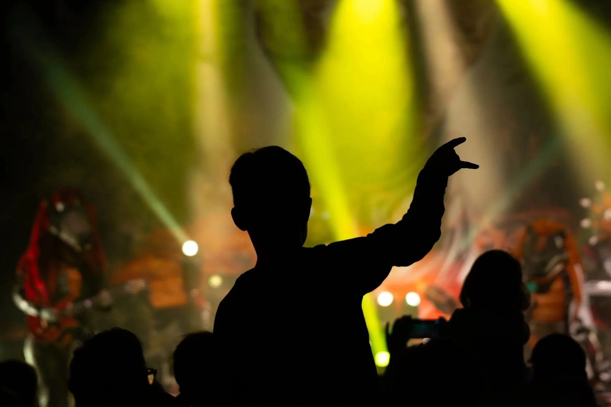 Silhouette eines Menschen, der bei einem Konzert tanzt, mit bunten Lichtern im Hintergrund.